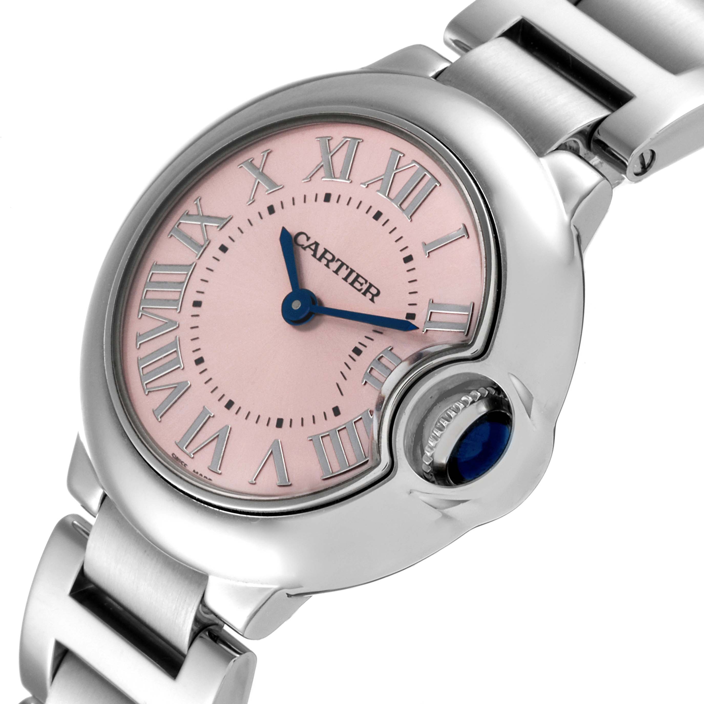 This image shows a close-up angle of the Cartier Ballon Bleu W6920038 Women
s Stainless Steel Pink Dial W6920038 Women
s Stainless Steel Pink Dial watch, highlighting its pink dial, blue hands, and crown with a blue gem.