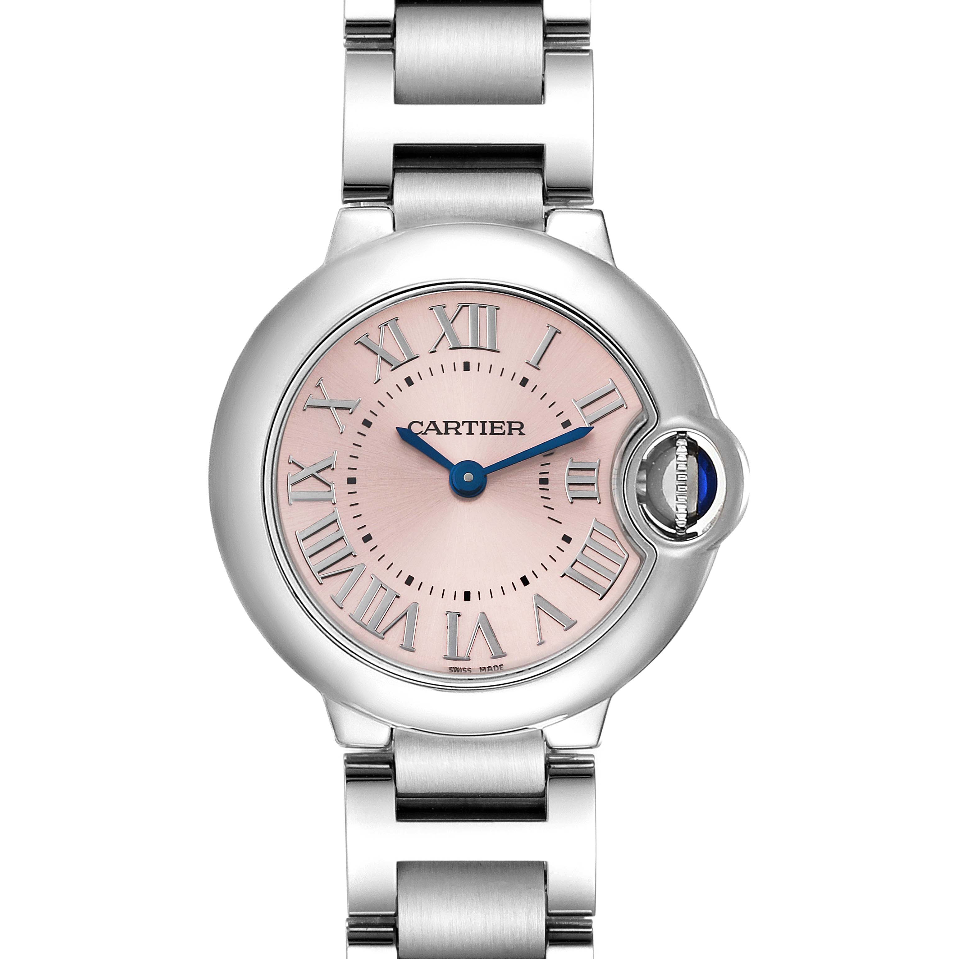 The image shows a front view of a Cartier Ballon Bleu W6920038 Women
s Stainless Steel Pink Dial W6920038 Women
s Stainless Steel Pink Dial watch with a pink dial and metallic bracelet.