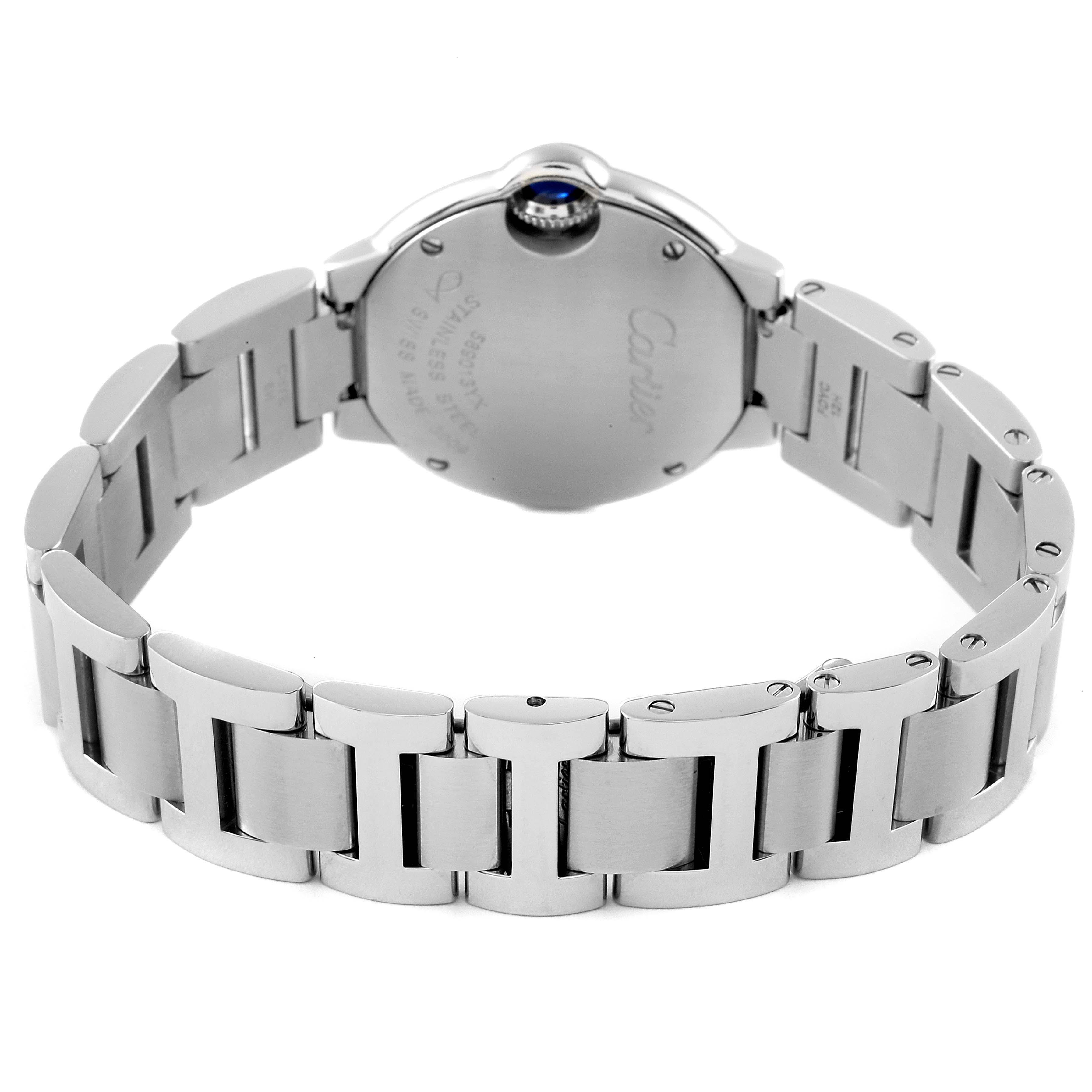 This image shows the back view of the Ballon Bleu Cartier watch, highlighting the stainless steel bracelet and case back.