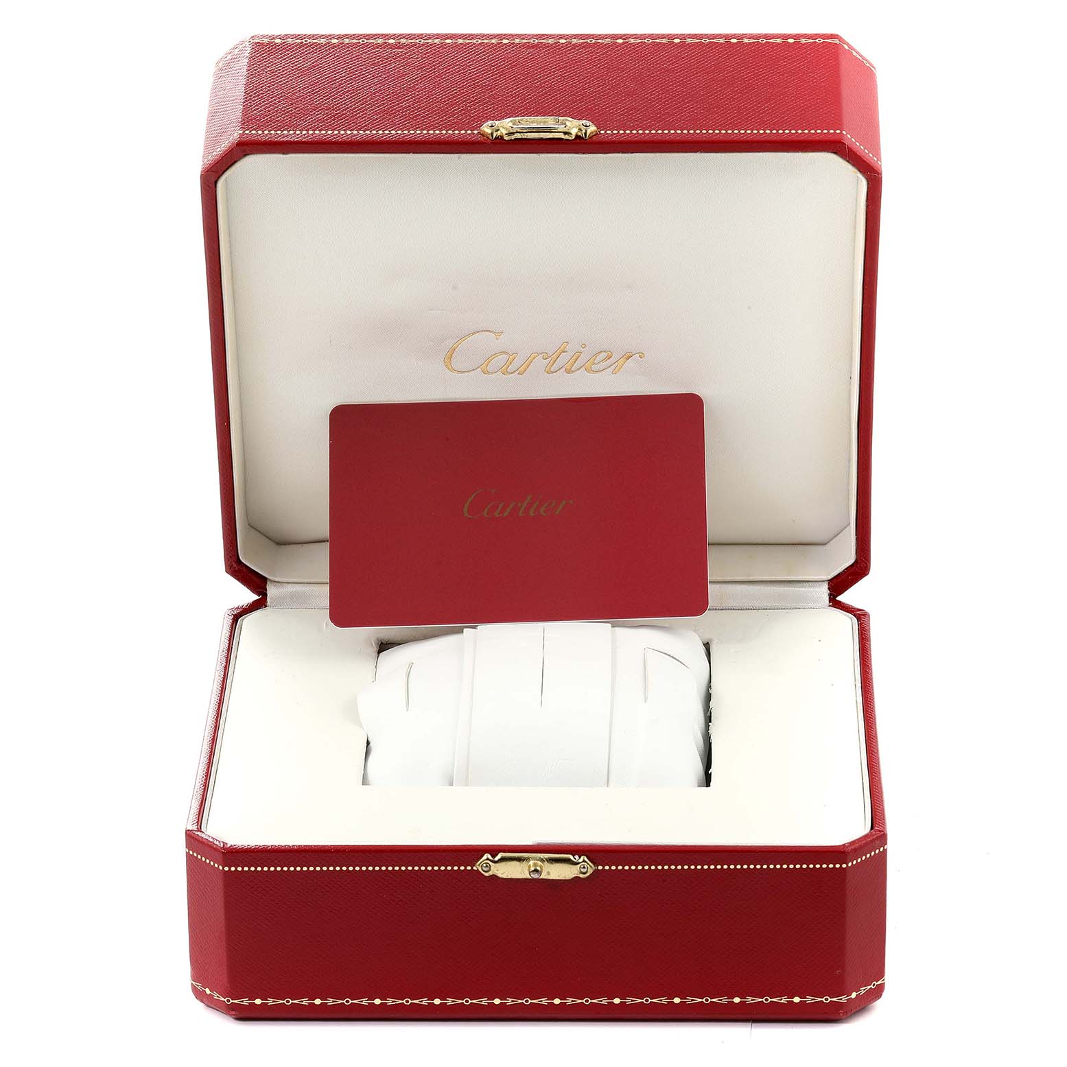 This image shows the open packaging box of a Cartier Ballon Bleu WE902073 Women
s Stainless Steel Silver Dial WE902073 Women
s Stainless Steel Silver Dial watch with the watch partially visible and a Cartier card inside.