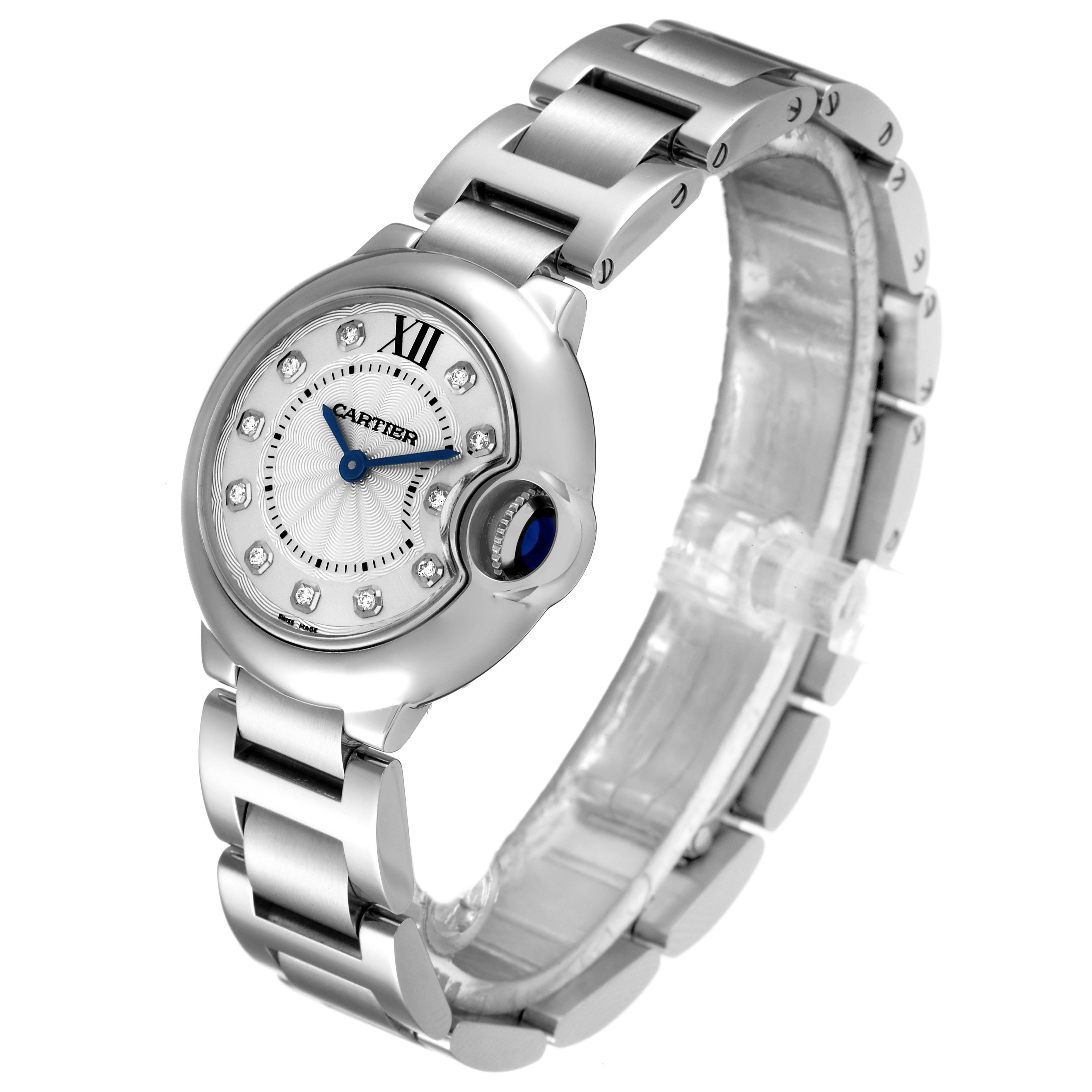 The image shows a Ballon Bleu model by Cartier from an angled side view, displaying its face, bracelet, and crown.
