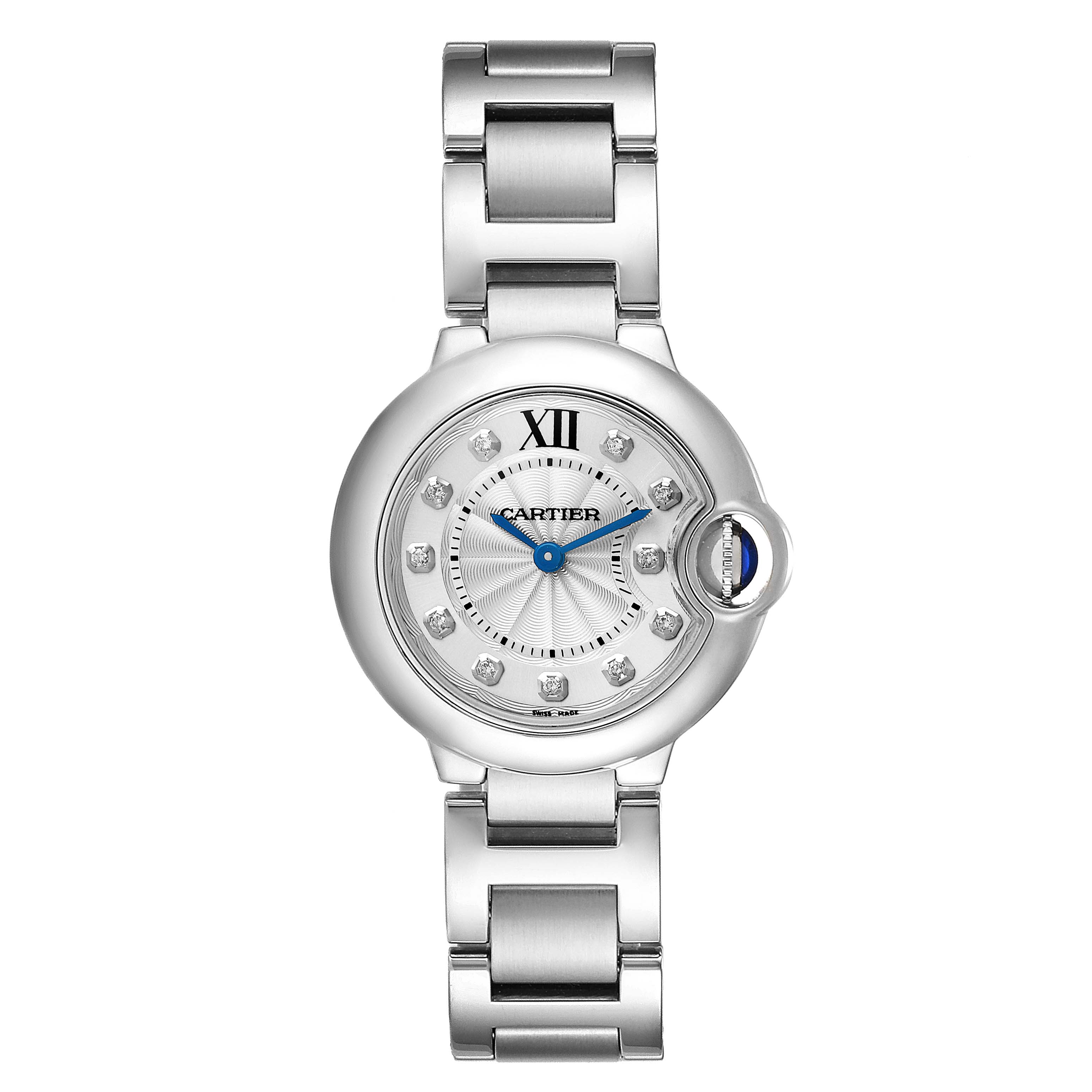 The image shows a front view of a Cartier Ballon Bleu WE902073 Women
s Stainless Steel Silver Dial WE902073 Women
s Stainless Steel Silver Dial watch, highlighting its face and stainless steel bracelet.