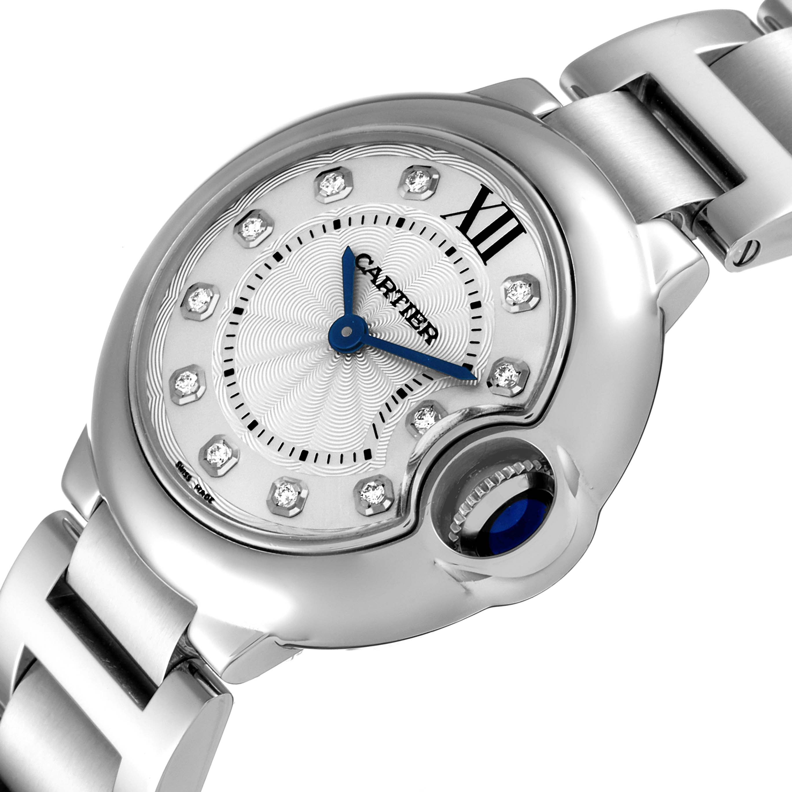 The image shows a close-up angled view of the Cartier Ballon Bleu WE902073 Women
s Stainless Steel Silver Dial WE902073 Women
s Stainless Steel Silver Dial watch, highlighting the dial, blue hands, diamond markers, and bracelet.