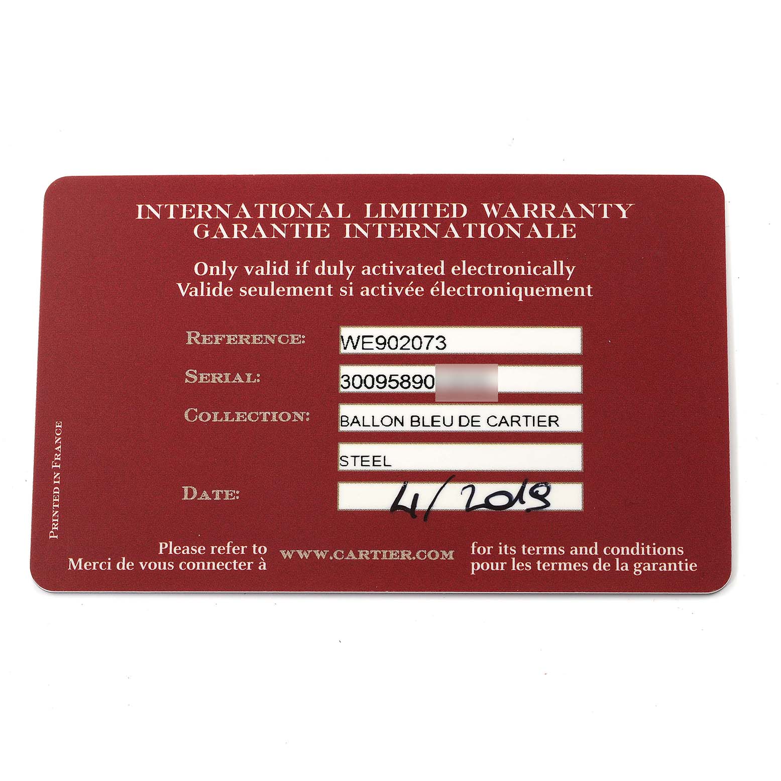 This image shows the international limited warranty card for a Ballon Bleu de Cartier watch.