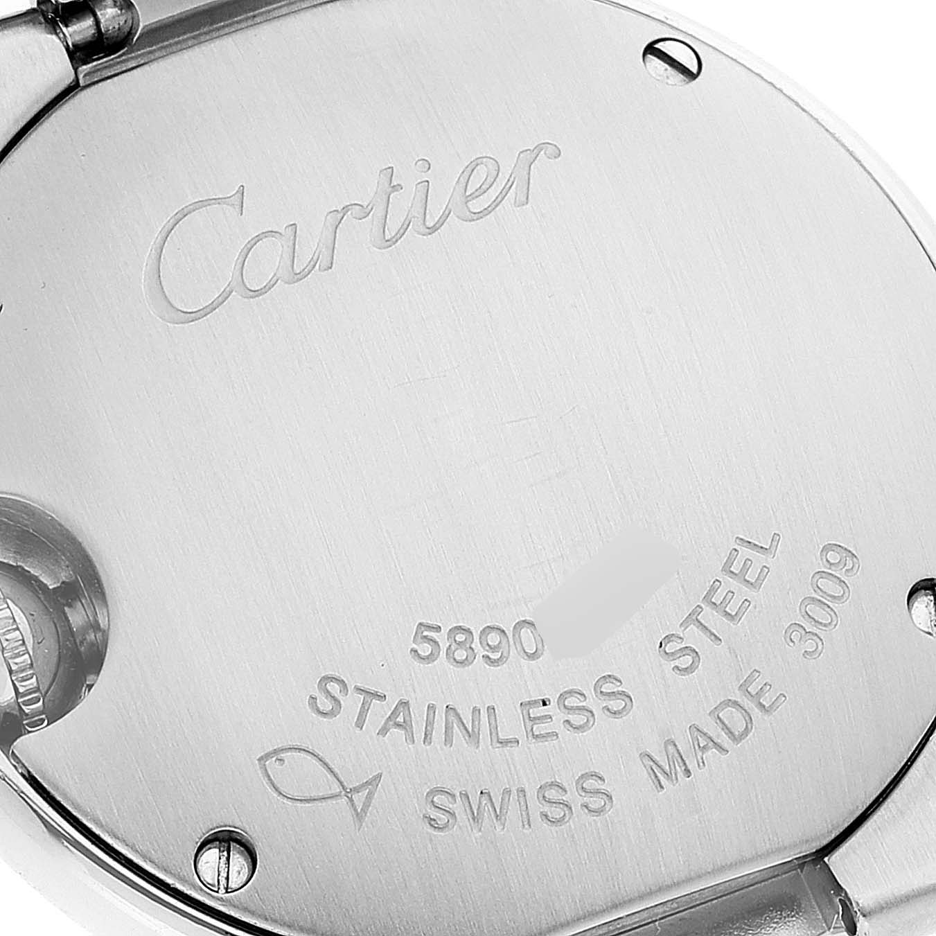 The image shows the stainless steel back casing of a Cartier Ballon Bleu WE902073 Women
s Stainless Steel Silver Dial WE902073 Women
s Stainless Steel Silver Dial watch from an angled close-up view.