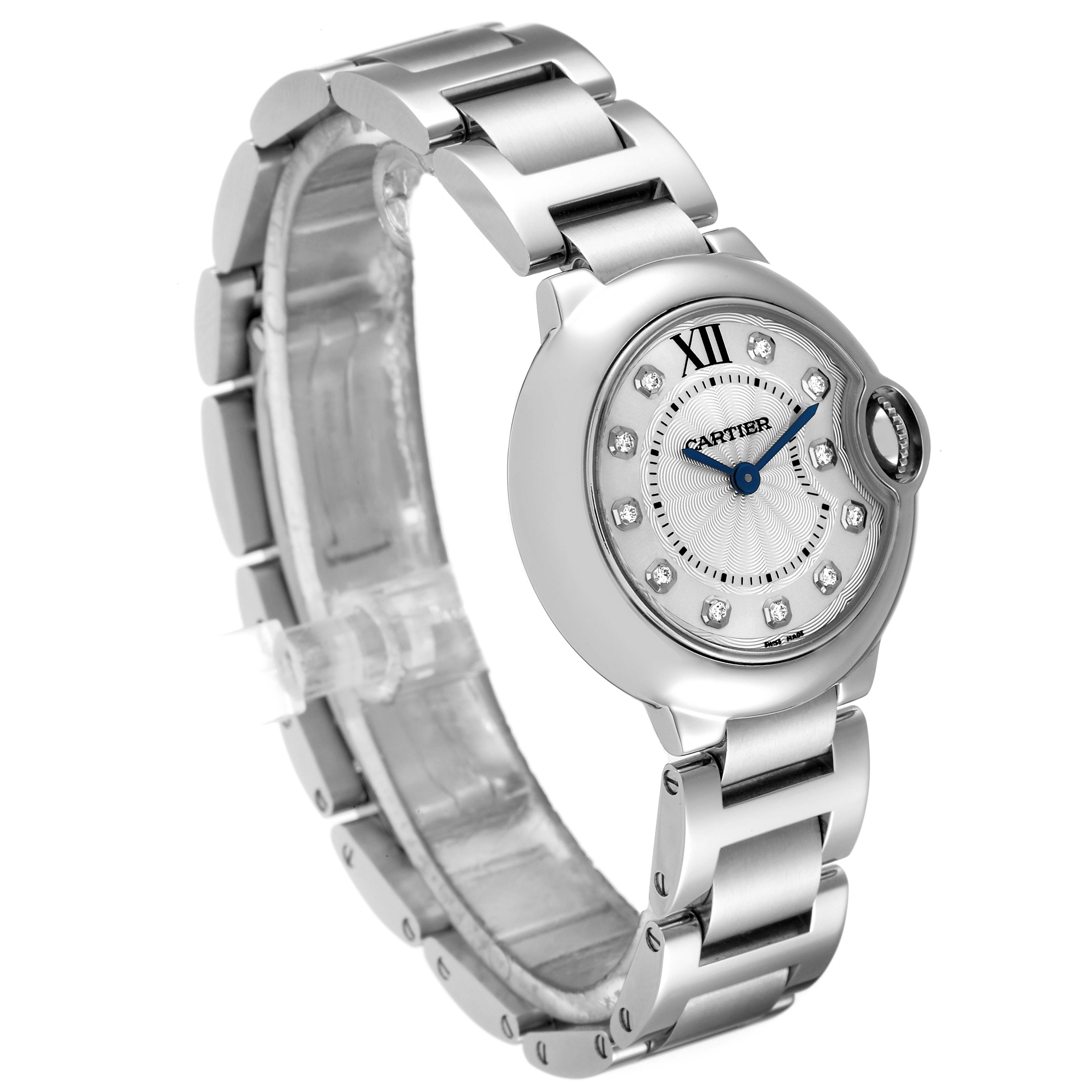 The Cartier Ballon Bleu WE902073 Women
s Stainless Steel Silver Dial WE902073 Women
s Stainless Steel Silver Dial watch is shown at a three-quarter angle, highlighting its face and metal bracelet.