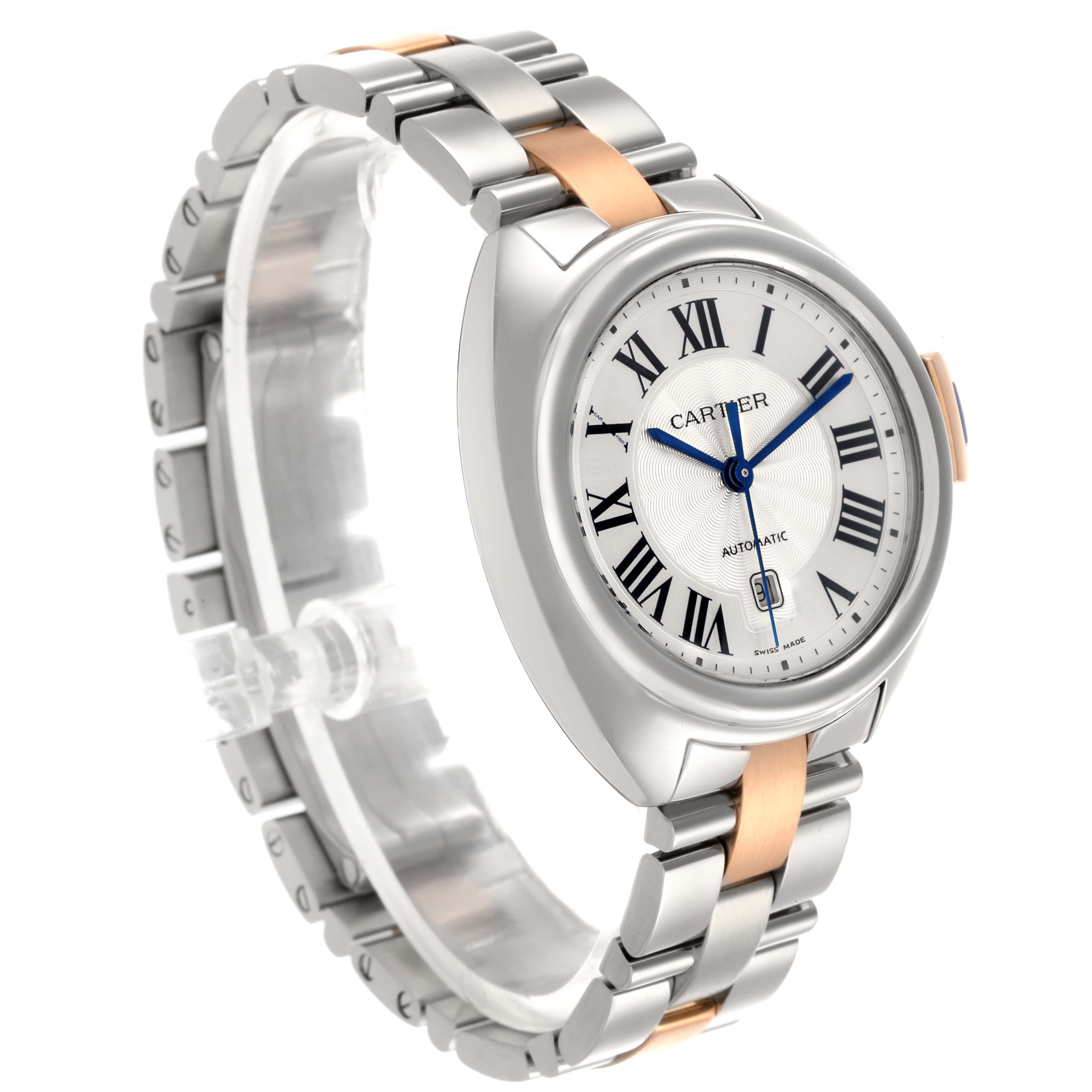 The Cartier Clé watch is shown at an angled side view, highlighting its face, case, and the two-tone band.