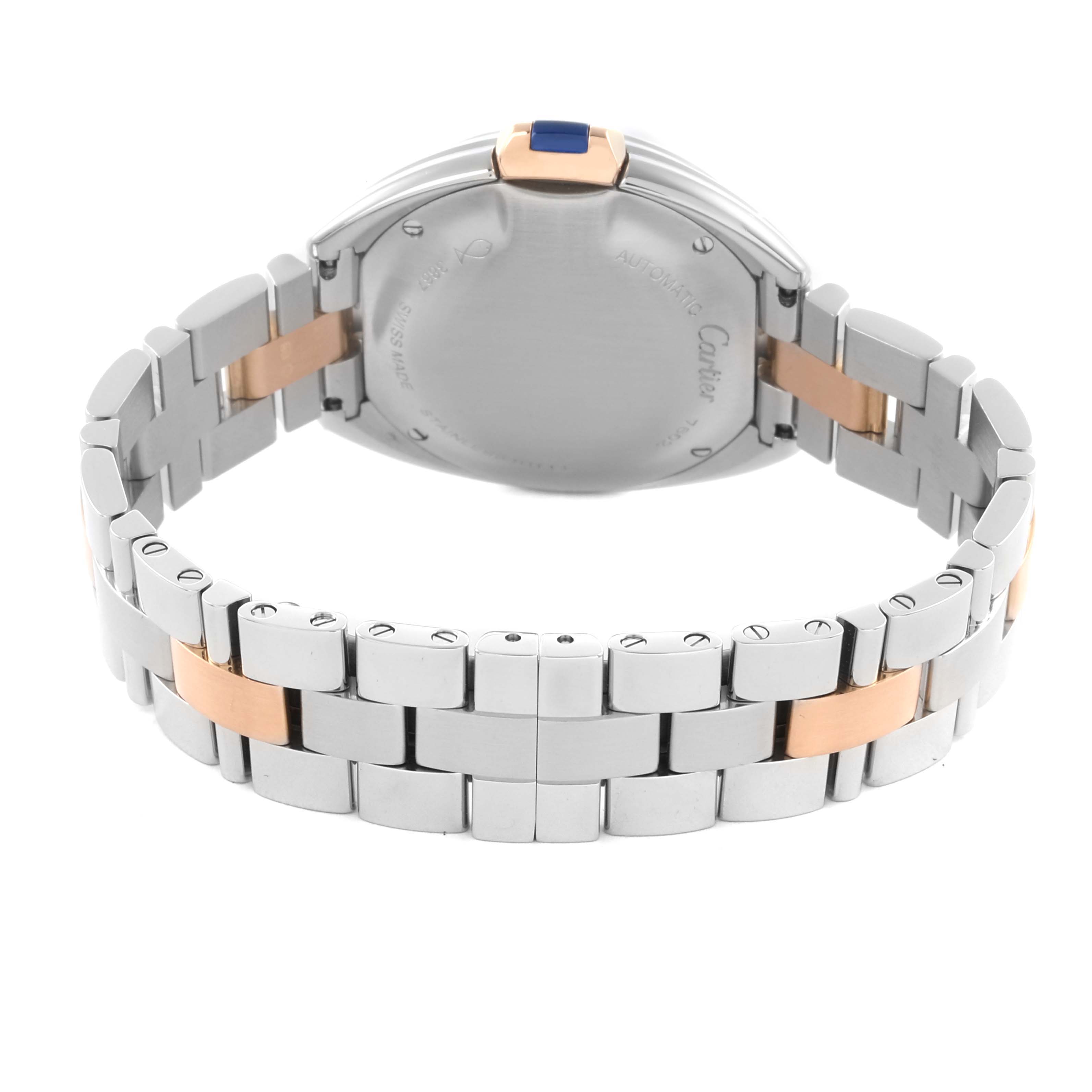 The image shows the back view of the Cartier Clé model, highlighting the bracelet and case back.