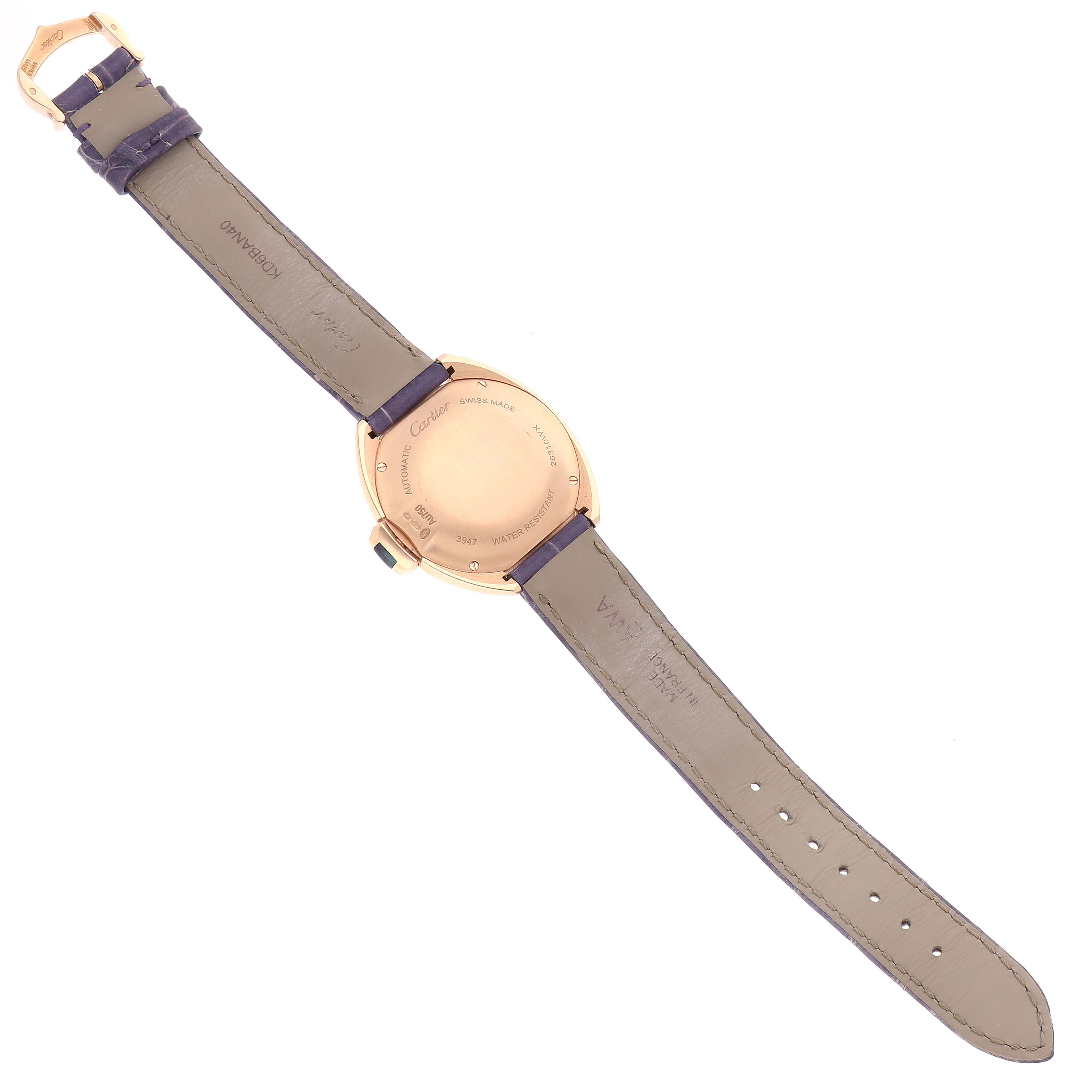 This image shows the back view of a Cartier Cle WJCL0031 Women's Rose Gold Silver Dial WJCL0031 Women's Rose Gold Silver Dial model watch, displaying the leather straps and case back.