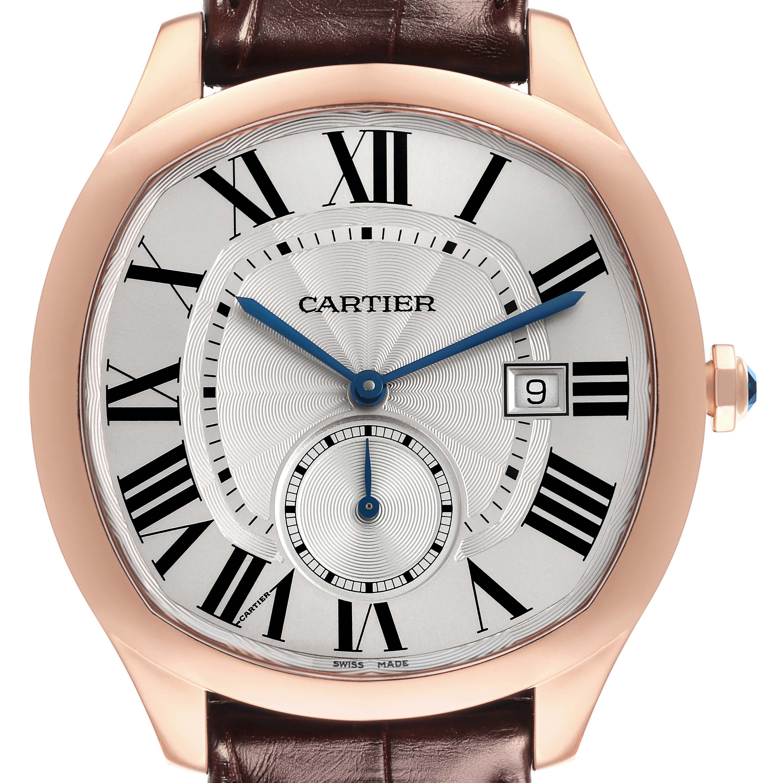 The Drive de Cartier watch is shown from a front view, highlighting the dial, hands, date window, and Roman numerals.