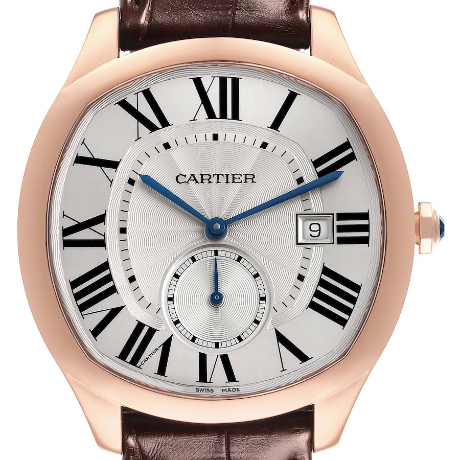 The Drive de Cartier watch is shown from a front view, highlighting the dial, hands, date window, and Roman numerals.