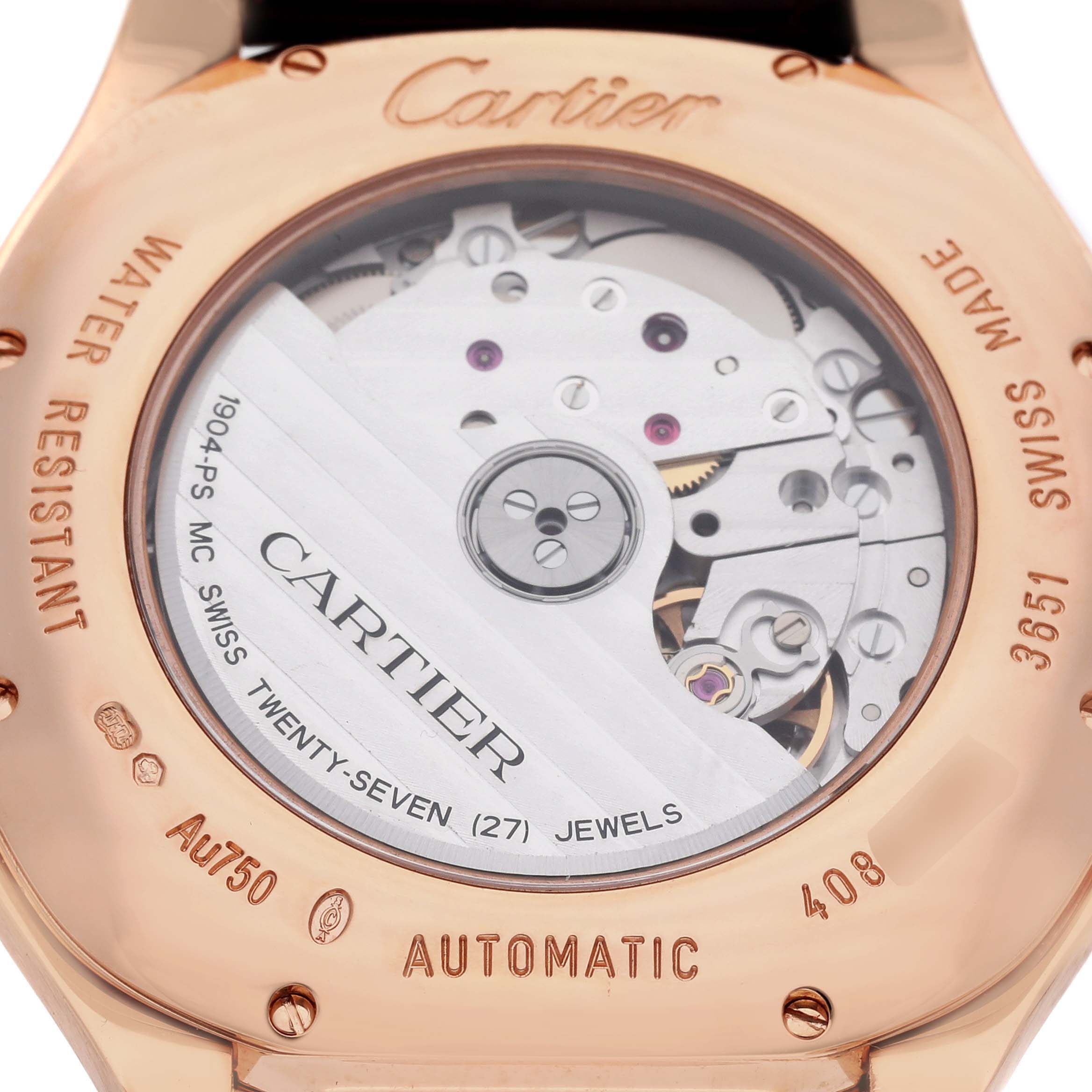 The image shows the back of a Drive de Cartier watch, highlighting the automatic movement and details like "27 jewels."