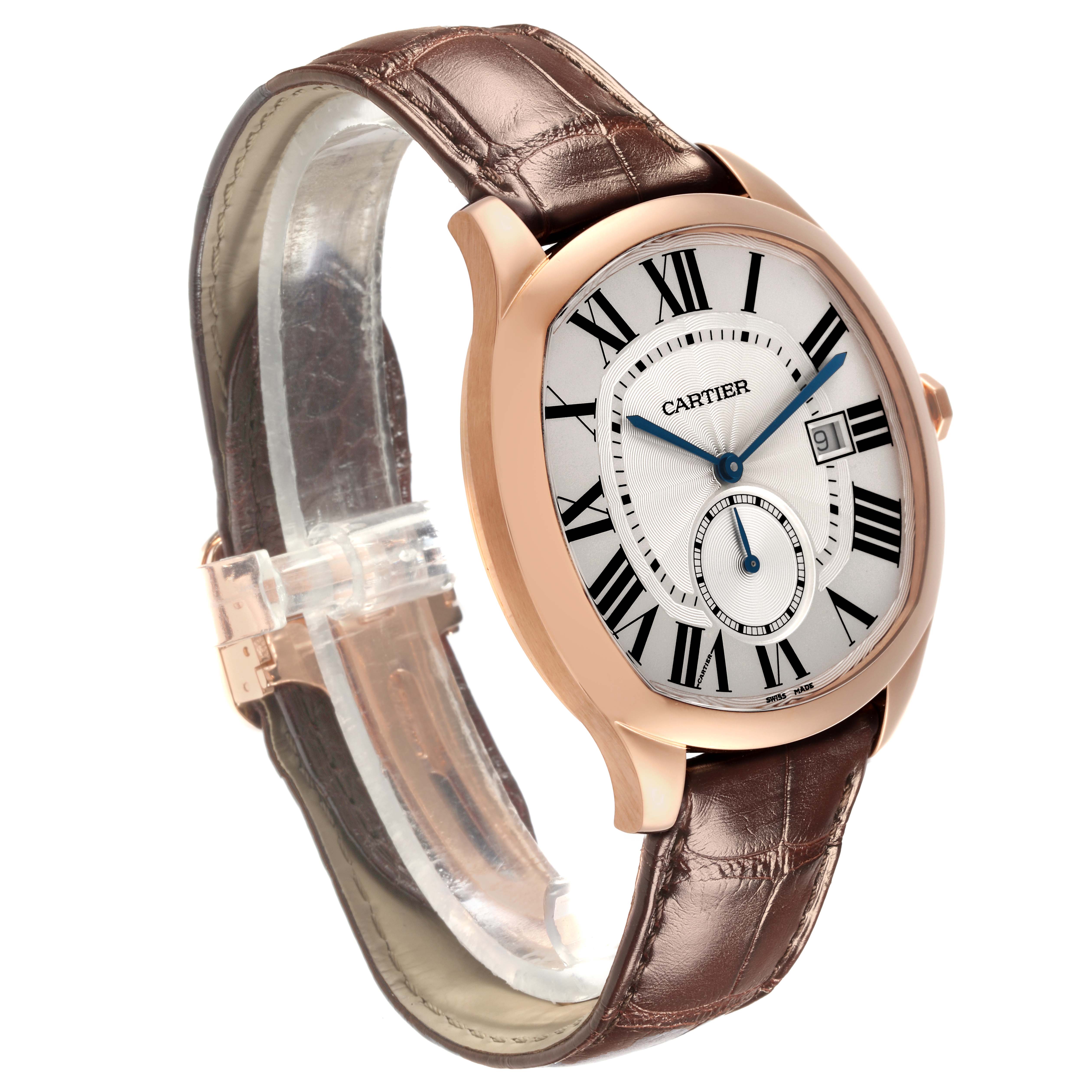 The Drive de Cartier watch is shown at a three-quarter angle, displaying the face, crown, and leather strap.