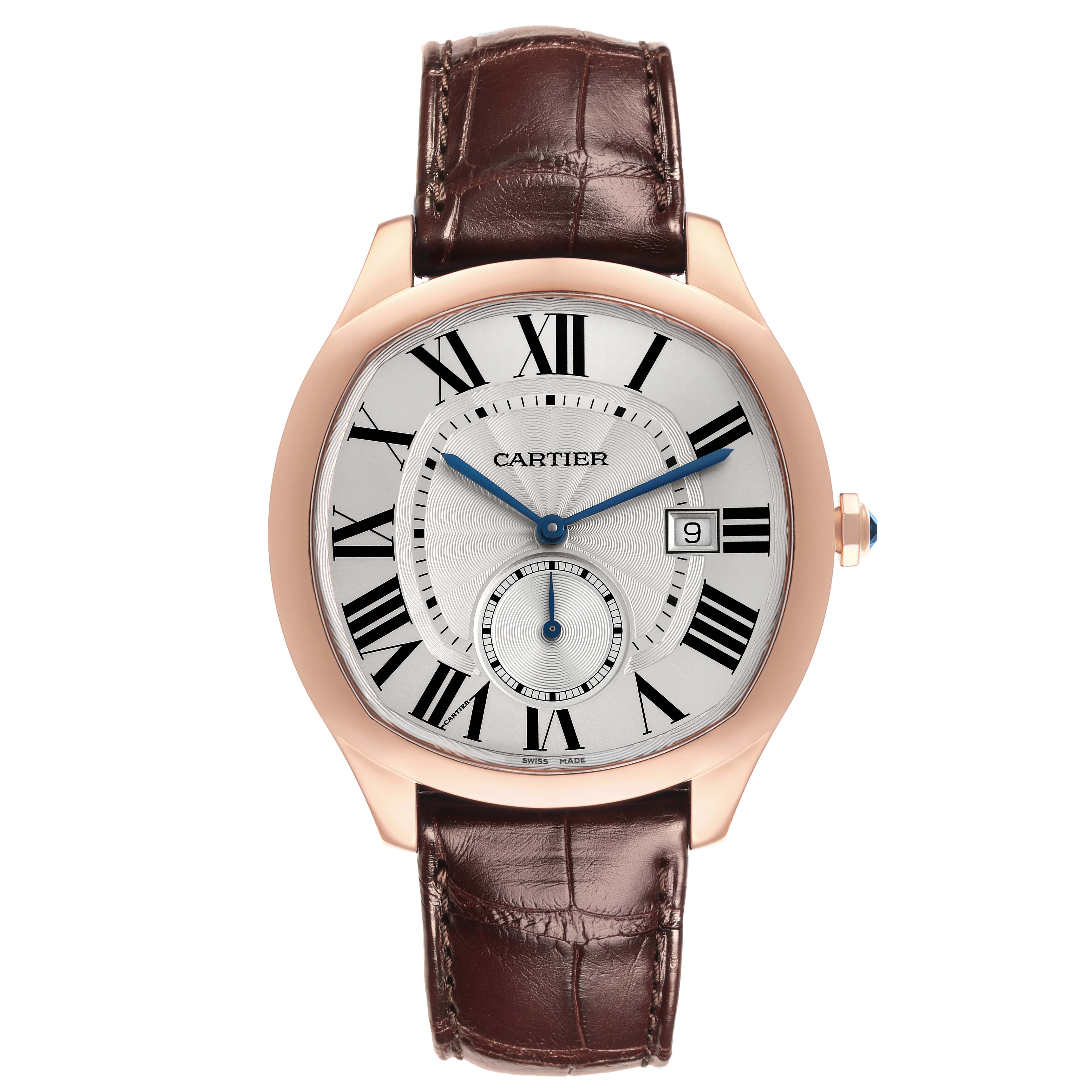 The Drive de Cartier watch is shown from a front view, displaying the face, case, and leather strap.
