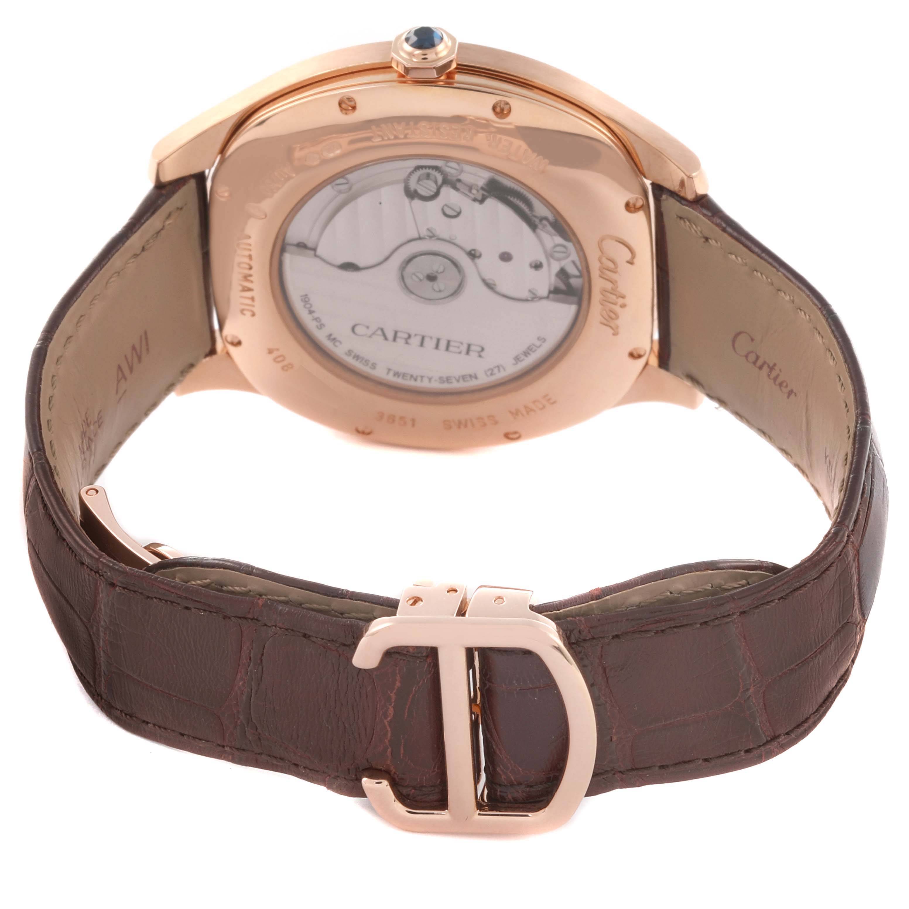 The image shows the back view of the Drive de Cartier watch, highlighting its caseback and leather strap with a clasp.