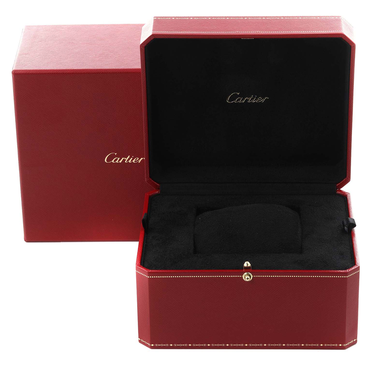The image shows an empty Drive de Cartier watch box by Cartier, with the inner cushion and outer box visible.
