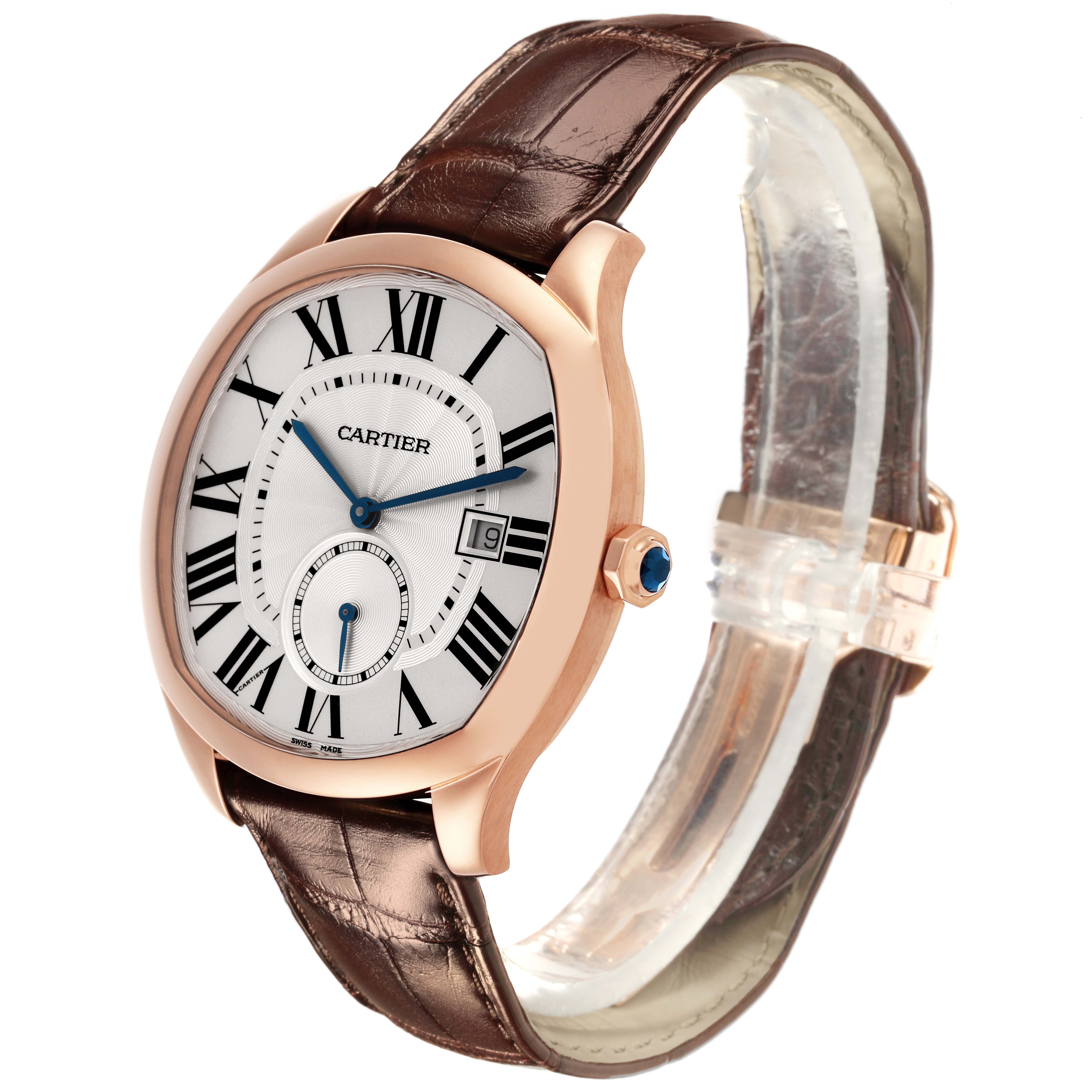 The Drive de Cartier watch is shown from a front-side angle, displaying the face, Roman numerals, crown, and leather strap.