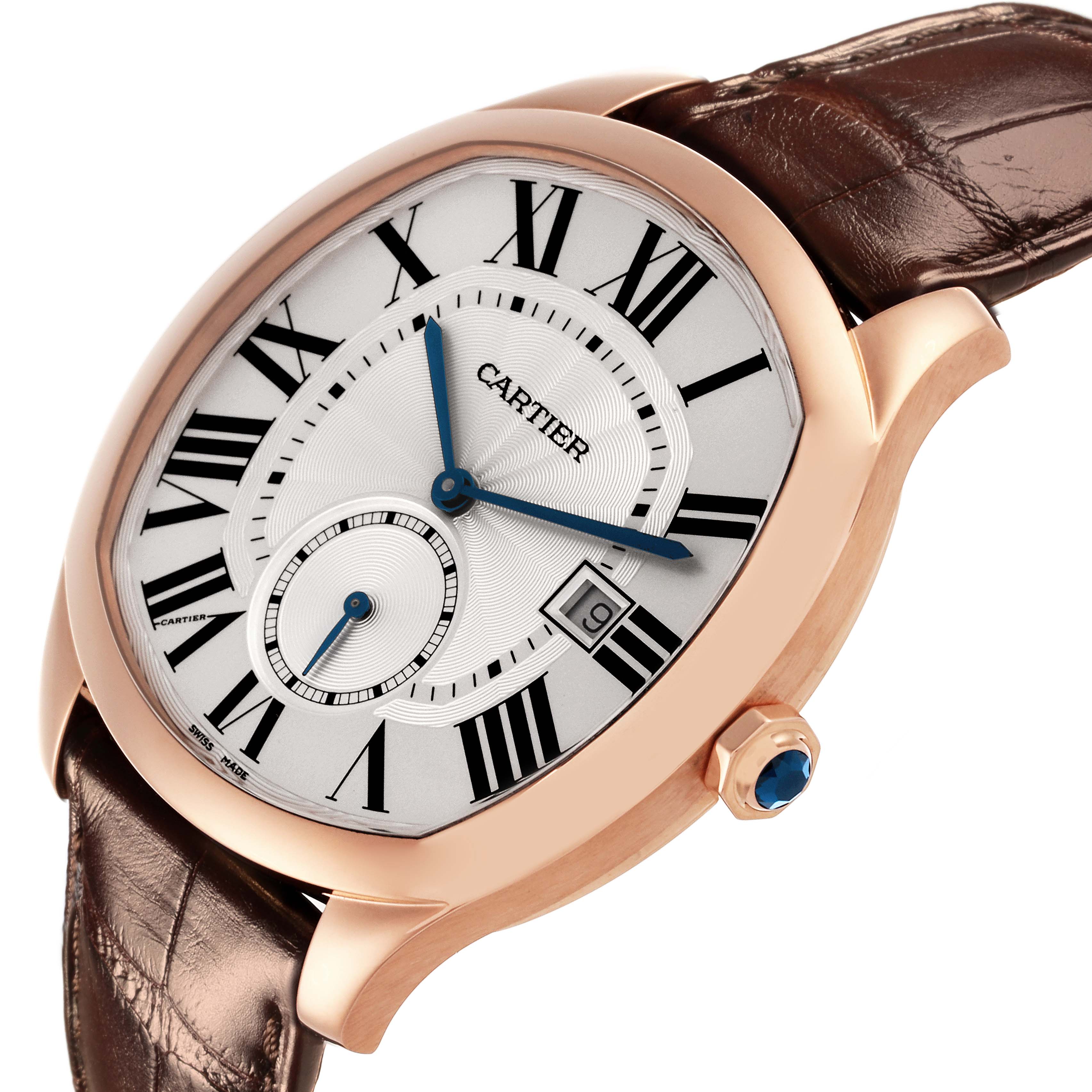 The Drive de Cartier watch is shown at a slightly tilted side angle, highlighting the dial, case, and part of the strap.