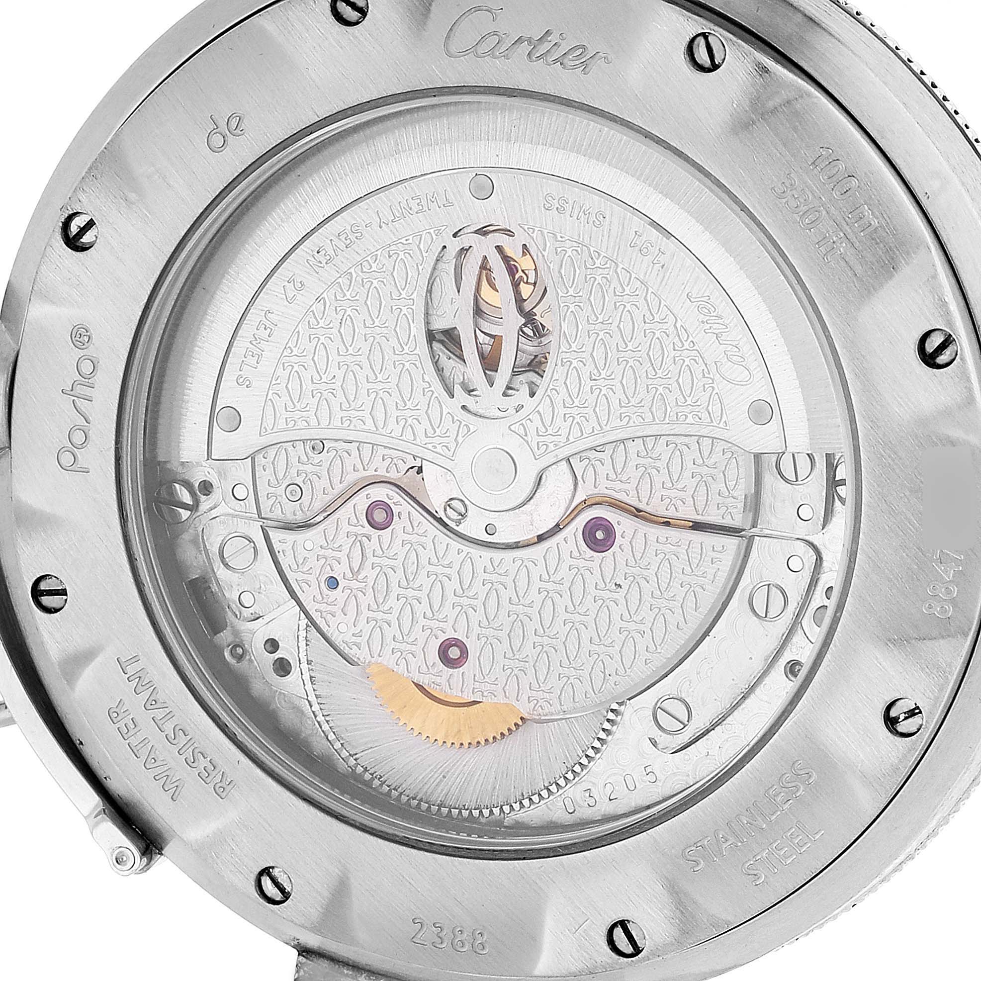 This image shows the back view of a Cartier Pasha W31037H3 Men's Stainless Steel Silver Dial W31037H3 Men's Stainless Steel Silver Dial watch, highlighting the intricate movement and engravings.