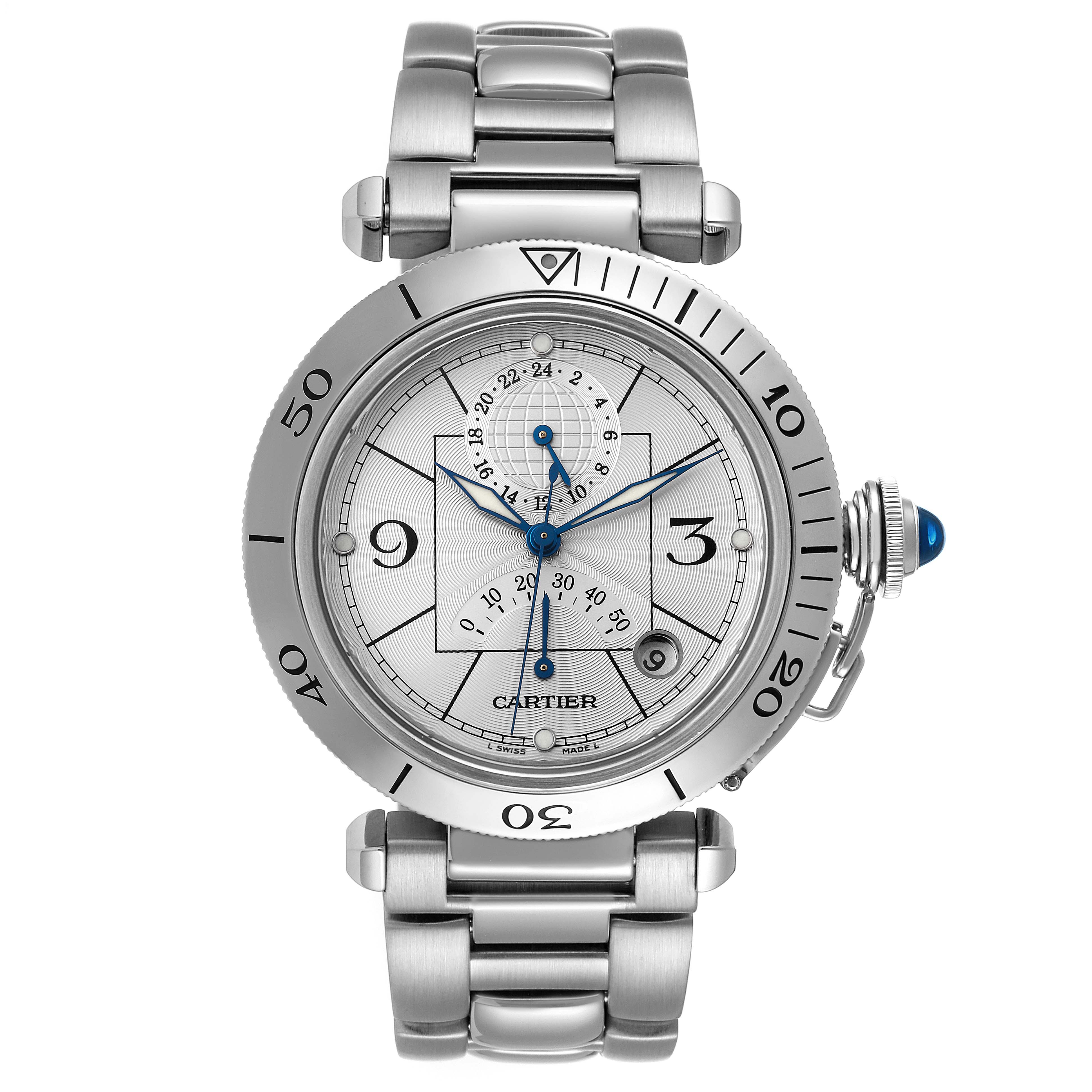 The image shows a front view of the Cartier Pasha W31037H3 Men's Stainless Steel Silver Dial W31037H3 Men's Stainless Steel Silver Dial watch, highlighting its dial, bezel, crown, and metal bracelet.