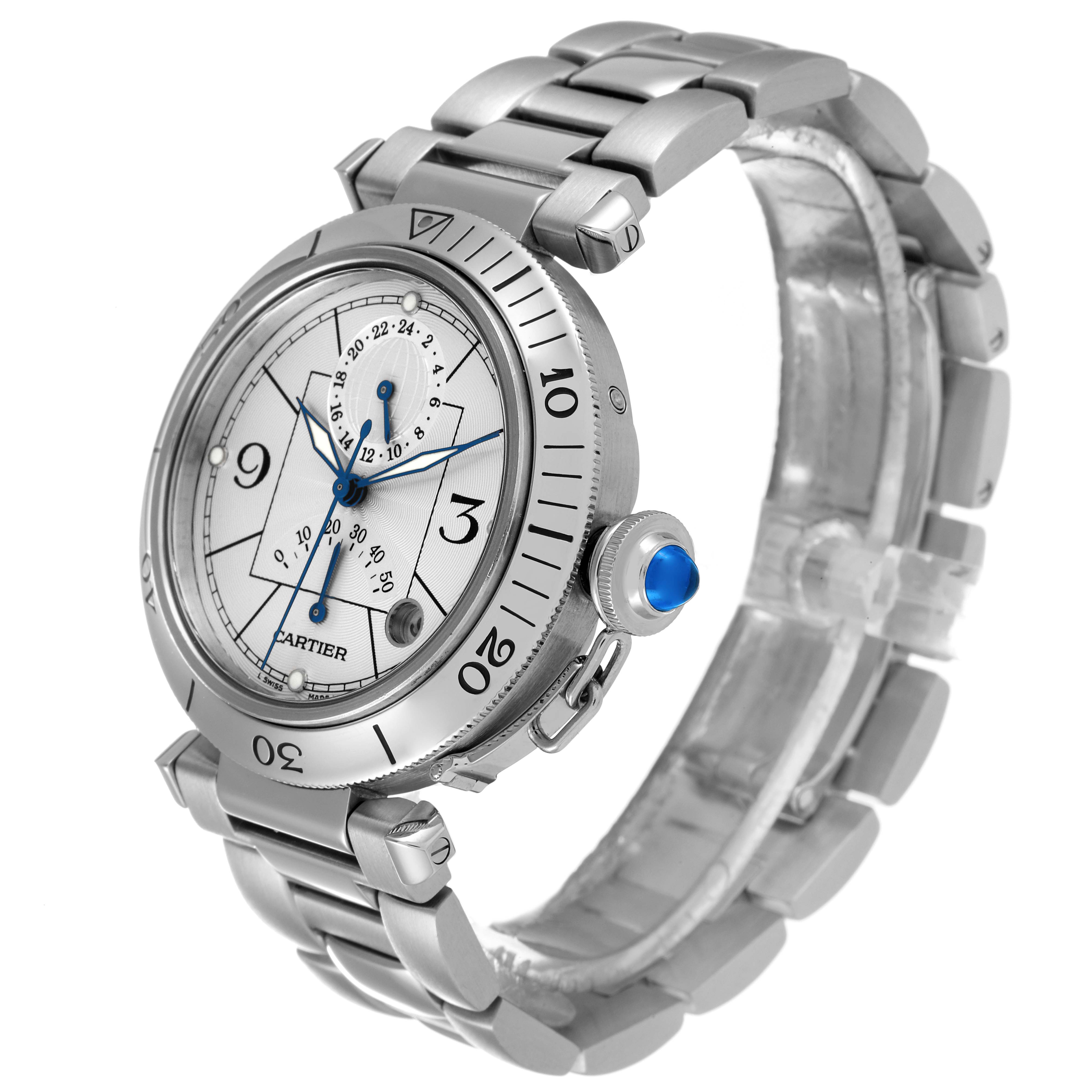 The image shows a Cartier Pasha W31037H3 Men's Stainless Steel Silver Dial W31037H3 Men's Stainless Steel Silver Dial model watch at an angle displaying its face, bezel, bracelet, and crown.