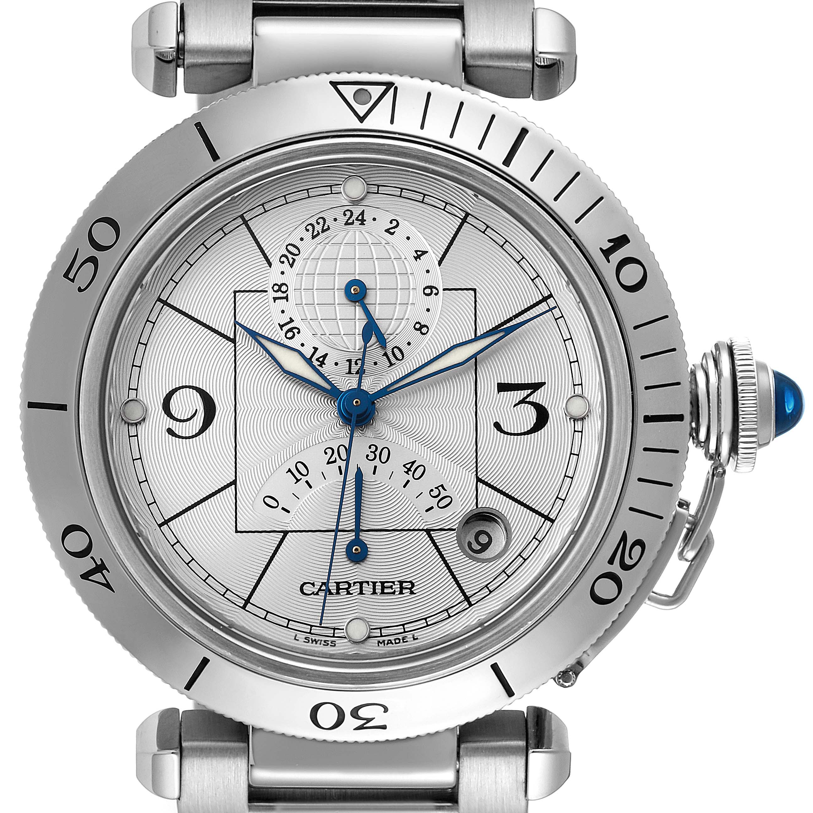 The image shows a front view of the Cartier Pasha W31037H3 Men's Stainless Steel Silver Dial W31037H3 Men's Stainless Steel Silver Dial watch, highlighting its face, bezel, dial, and crown.