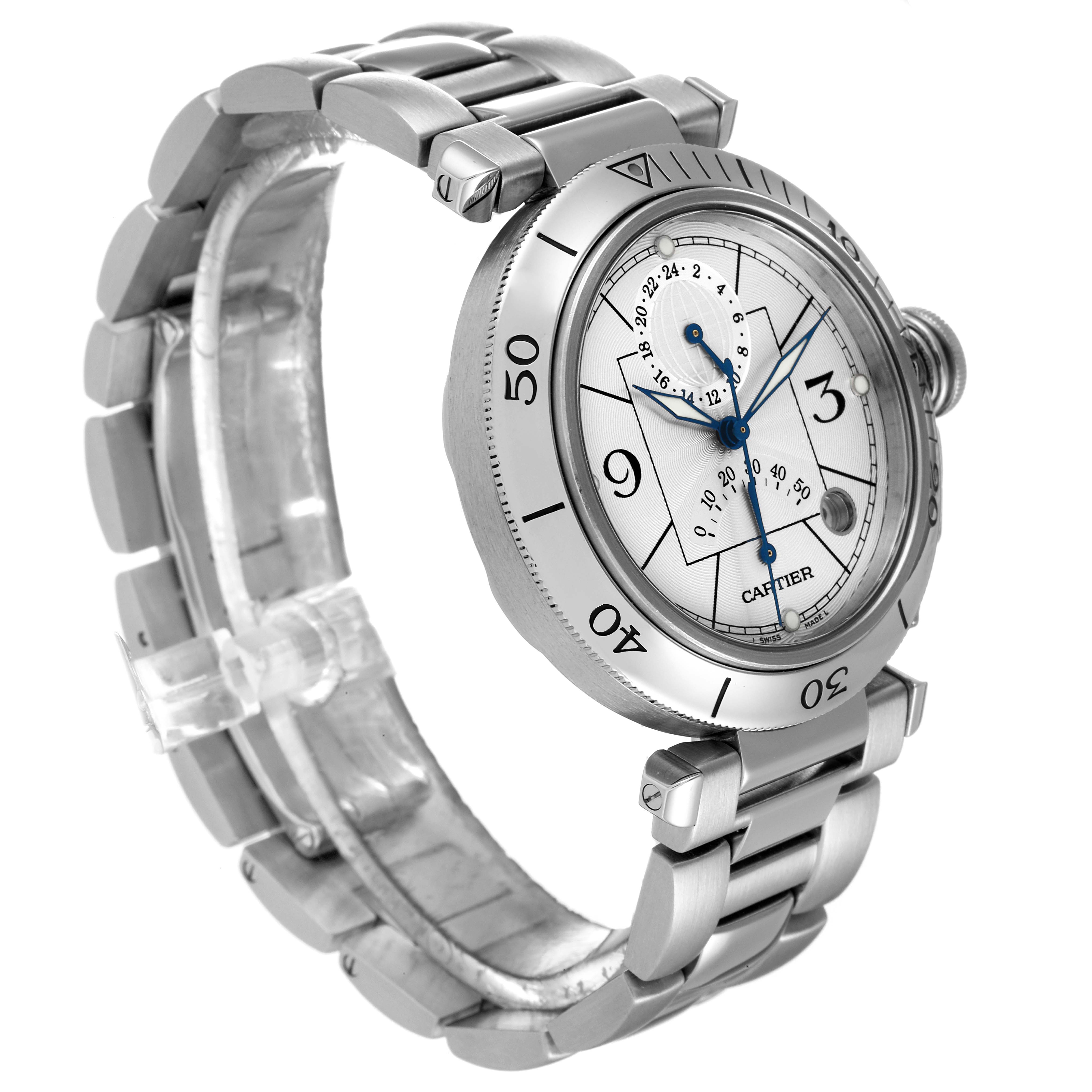 The Cartier Pasha W31037H3 Men's Stainless Steel Silver Dial W31037H3 Men's Stainless Steel Silver Dial watch is shown at a three-quarter angle, highlighting its face, bezel, and stainless steel bracelet.