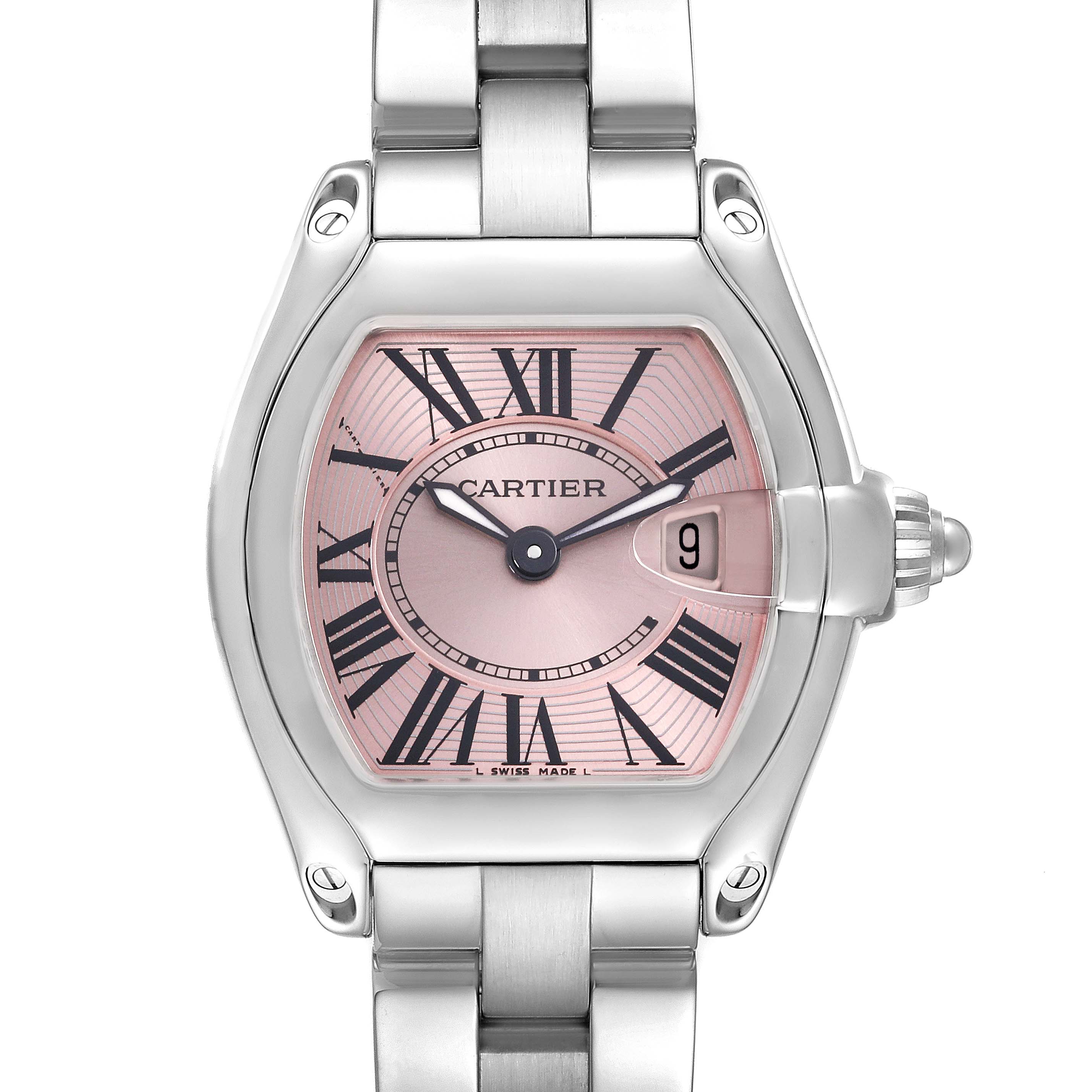 The Cartier Roadster W62017V3 Women's Stainless Steel Pink Dial W62017V3 Women's Stainless Steel Pink Dial watch is shown from a top-down angle, highlighting the face, bezel, crown, and bracelet.