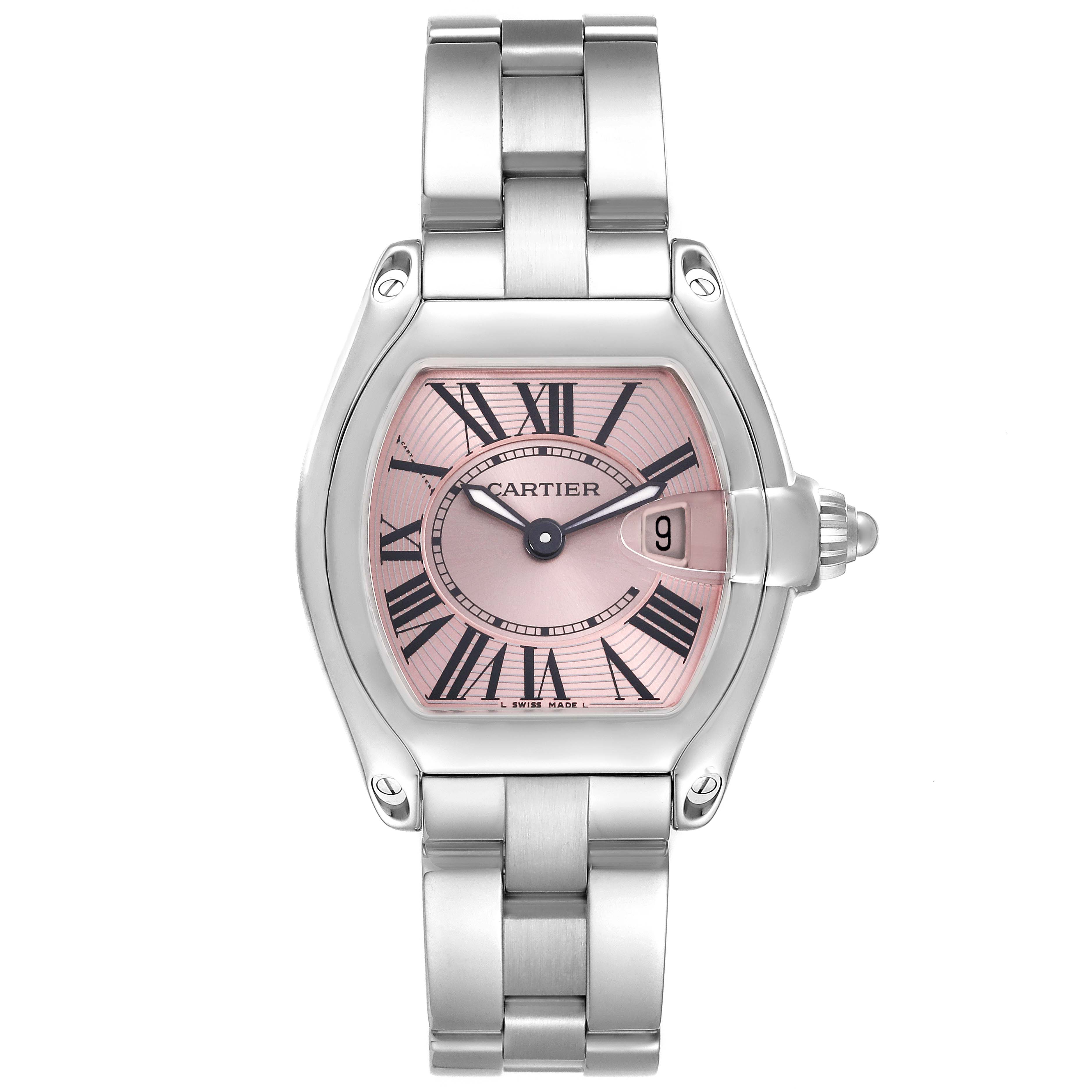The Cartier Roadster W62017V3 Women's Stainless Steel Pink Dial W62017V3 Women's Stainless Steel Pink Dial watch is shown from a front view, displaying its case, dial, bracelet, and crown.