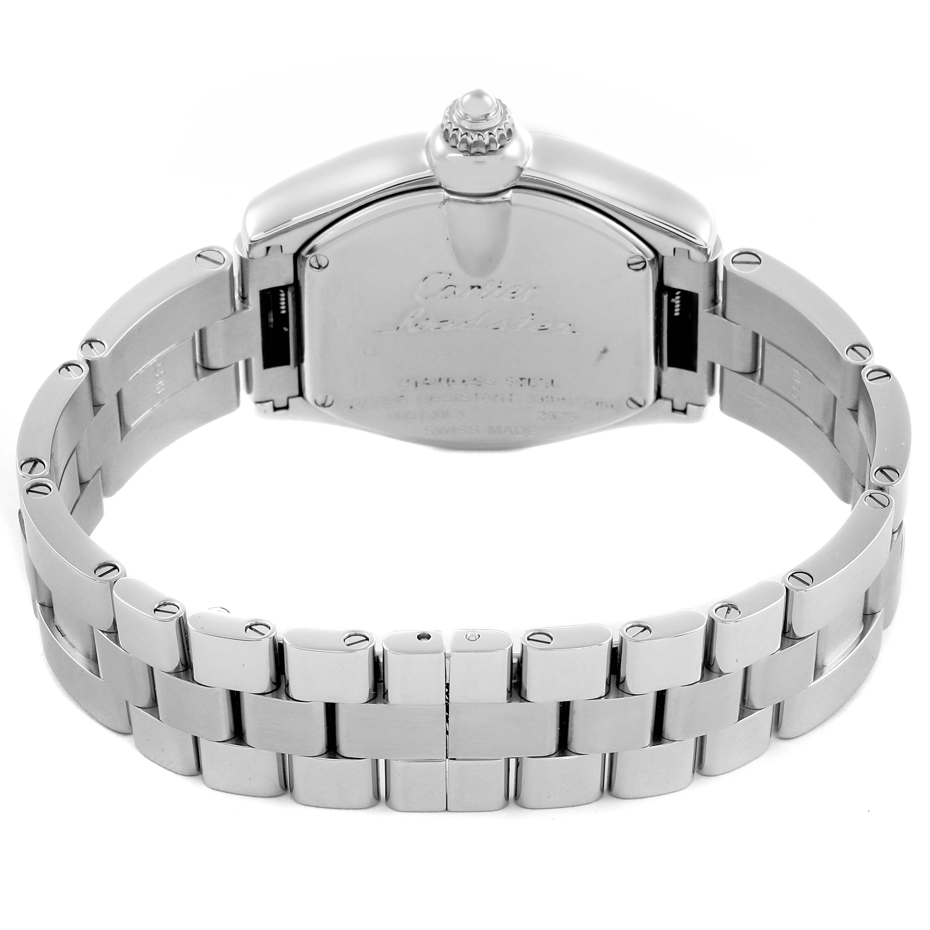The Cartier Roadster W62017V3 Women's Stainless Steel Pink Dial W62017V3 Women's Stainless Steel Pink Dial watch is shown from the back, highlighting the clasp and bracelet.