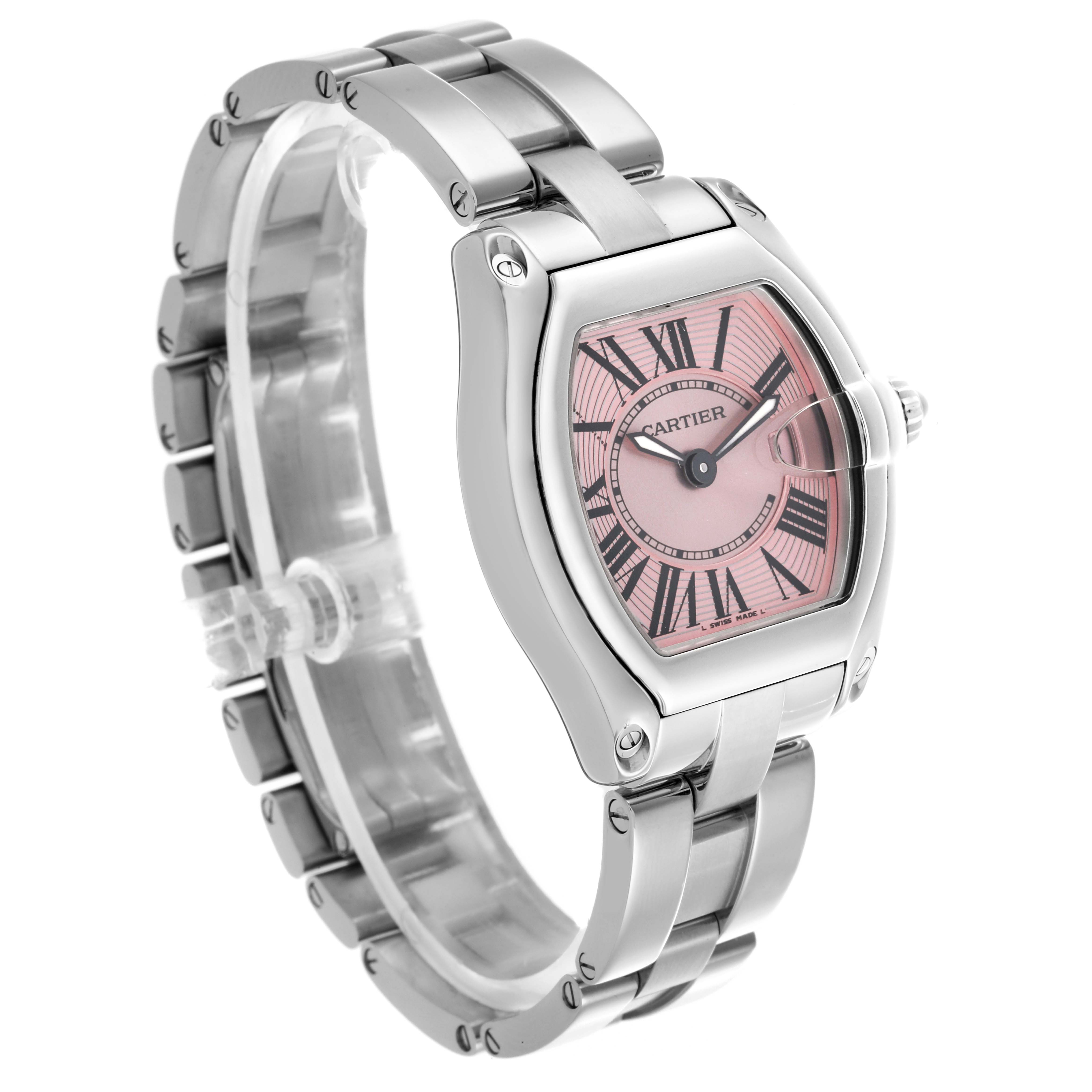 The Cartier Roadster W62017V3 Women's Stainless Steel Pink Dial W62017V3 Women's Stainless Steel Pink Dial watch is shown at an angle highlighting the pink dial, steel case, and bracelet.