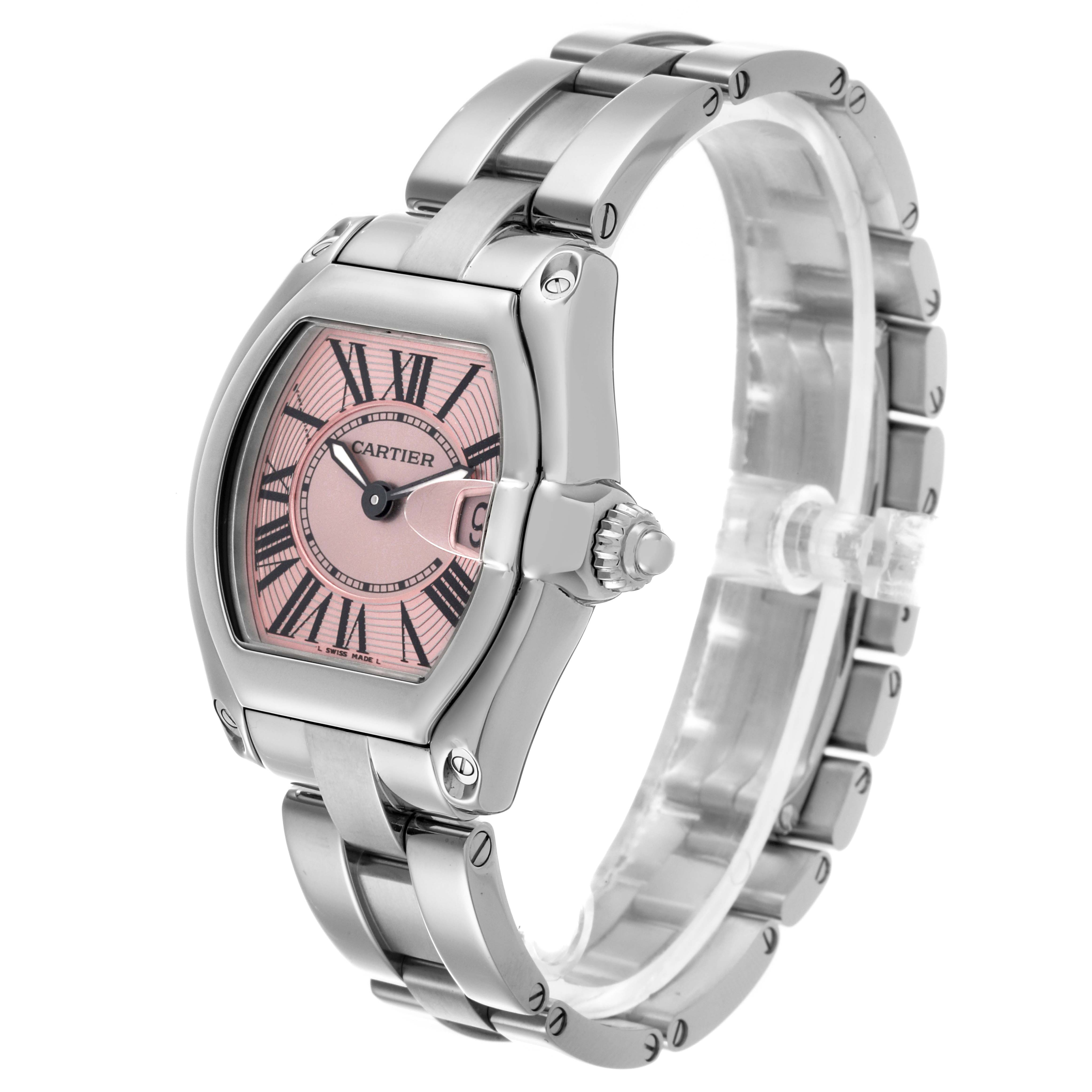 The Cartier Roadster W62017V3 Women's Stainless Steel Pink Dial W62017V3 Women's Stainless Steel Pink Dial watch is shown at a side angle, highlighting the case, pink dial, and bracelet.