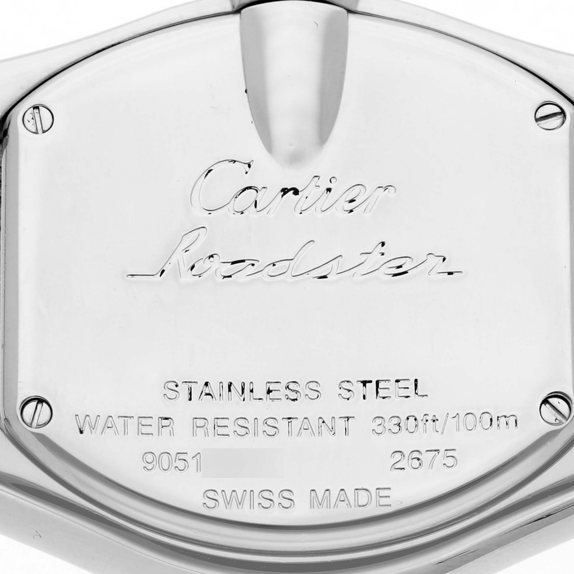 The image shows the back case of the Cartier Roadster W62017V3 Women's Stainless Steel Pink Dial W62017V3 Women's Stainless Steel Pink Dial watch, highlighting its stainless steel and water resistance details.