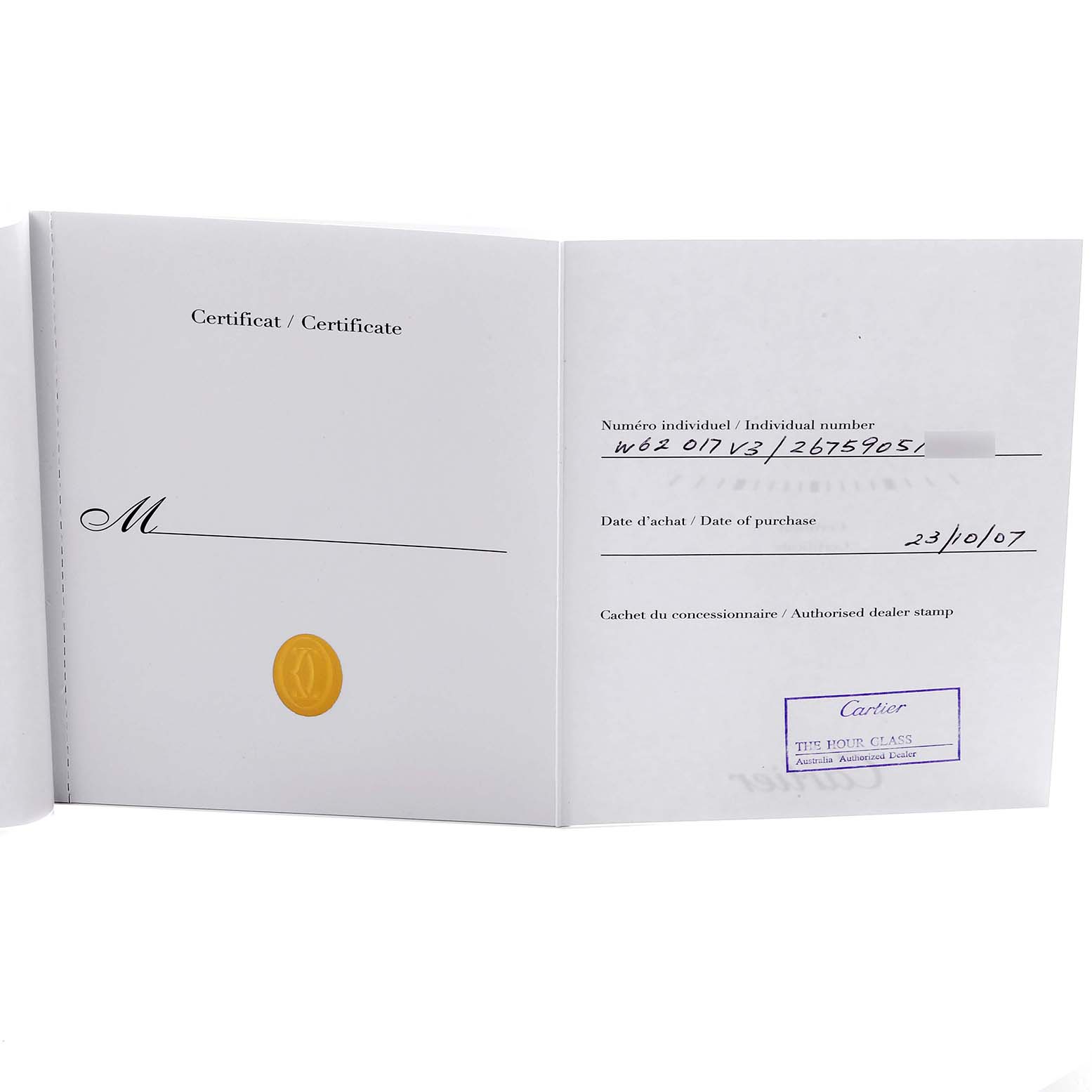 The image shows the certificate and documentation for the Cartier Roadster W62017V3 Women's Stainless Steel Pink Dial W62017V3 Women's Stainless Steel Pink Dial watch.