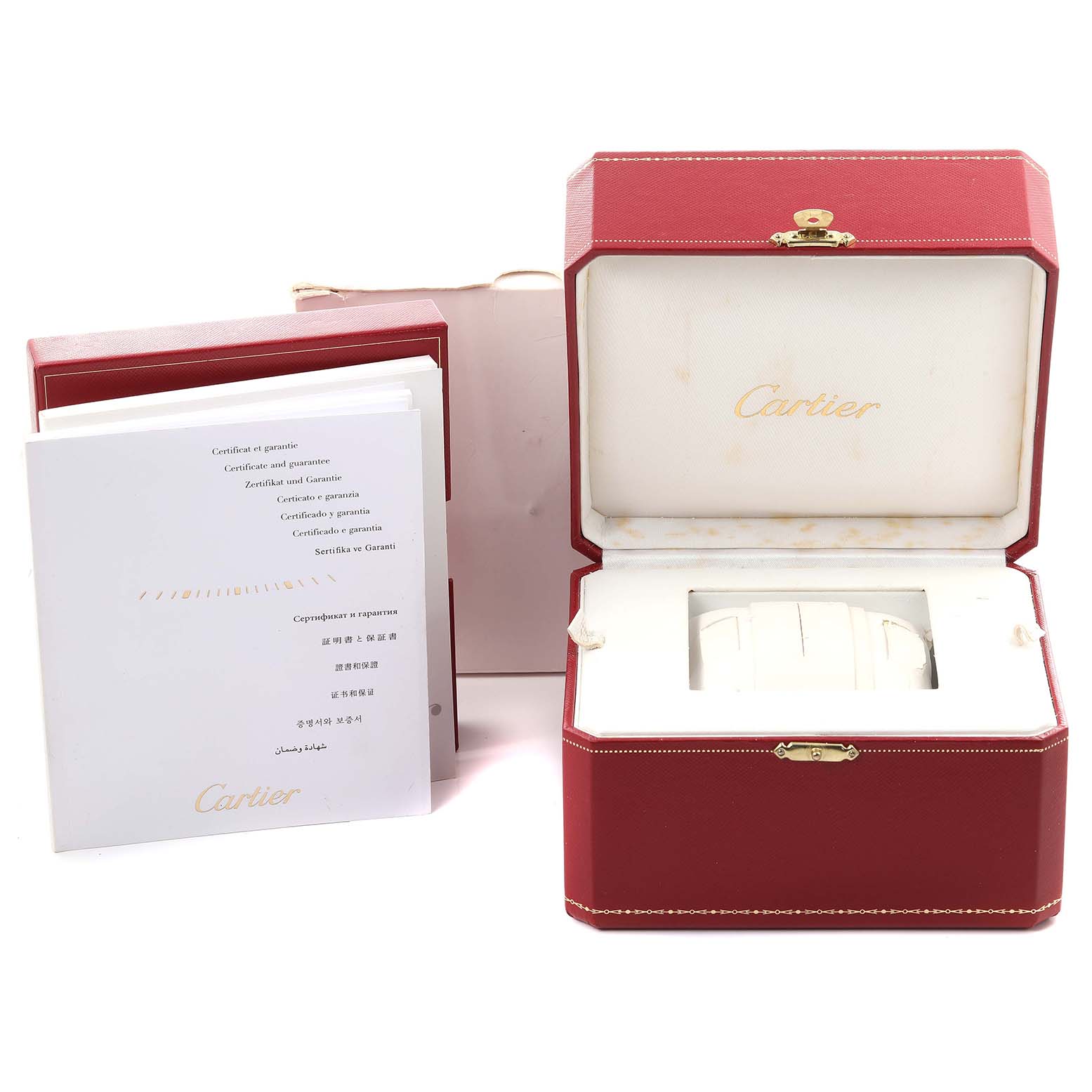 The image shows the Cartier Roadster W62017V3 Women's Stainless Steel Pink Dial W62017V3 Women's Stainless Steel Pink Dial watch packaging, with an open red box and accompanying documentation.