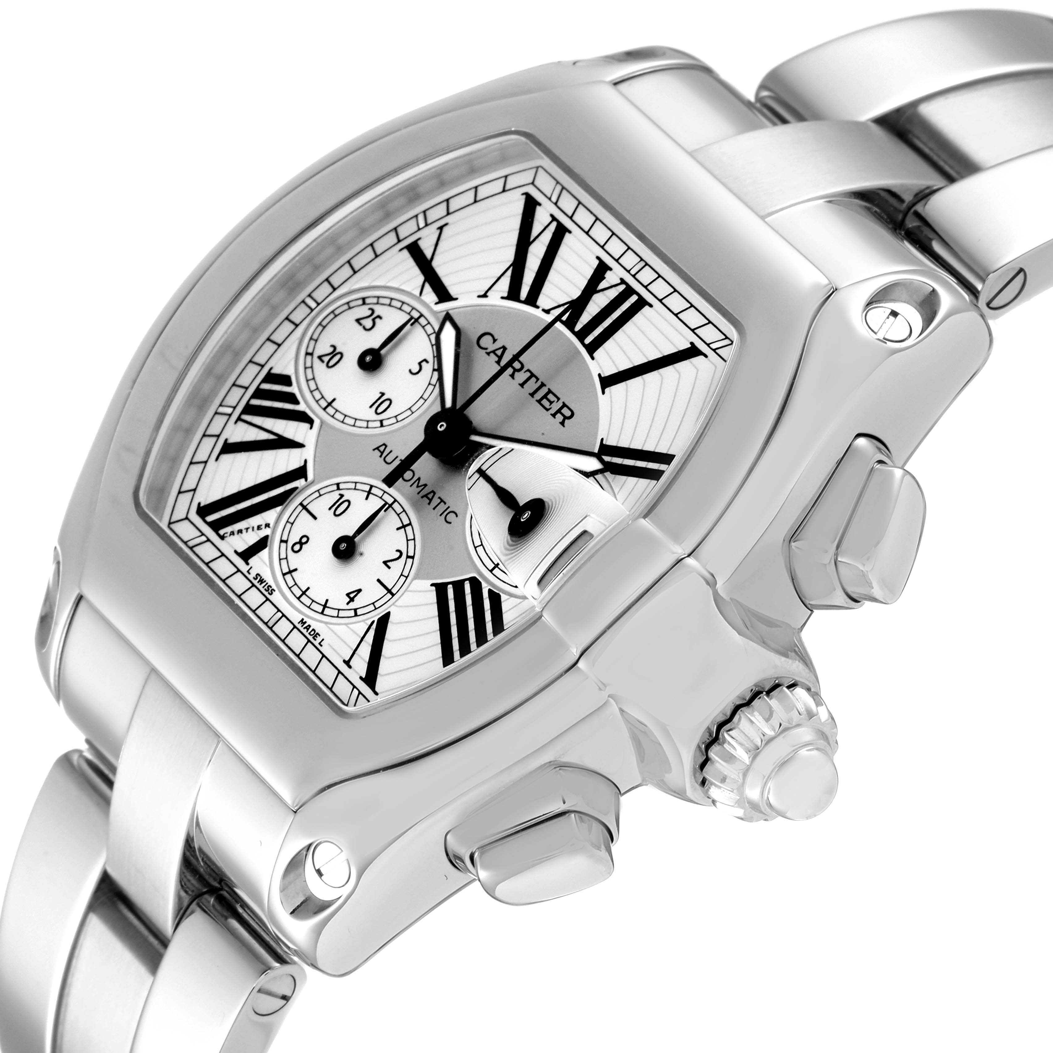 The image shows a close-up view of the Cartier Roadster W62019X6 Men's Stainless Steel Silver Dial W62019X6 Men's Stainless Steel Silver Dial watch, highlighting its dial, crown, and part of the bracelet.
