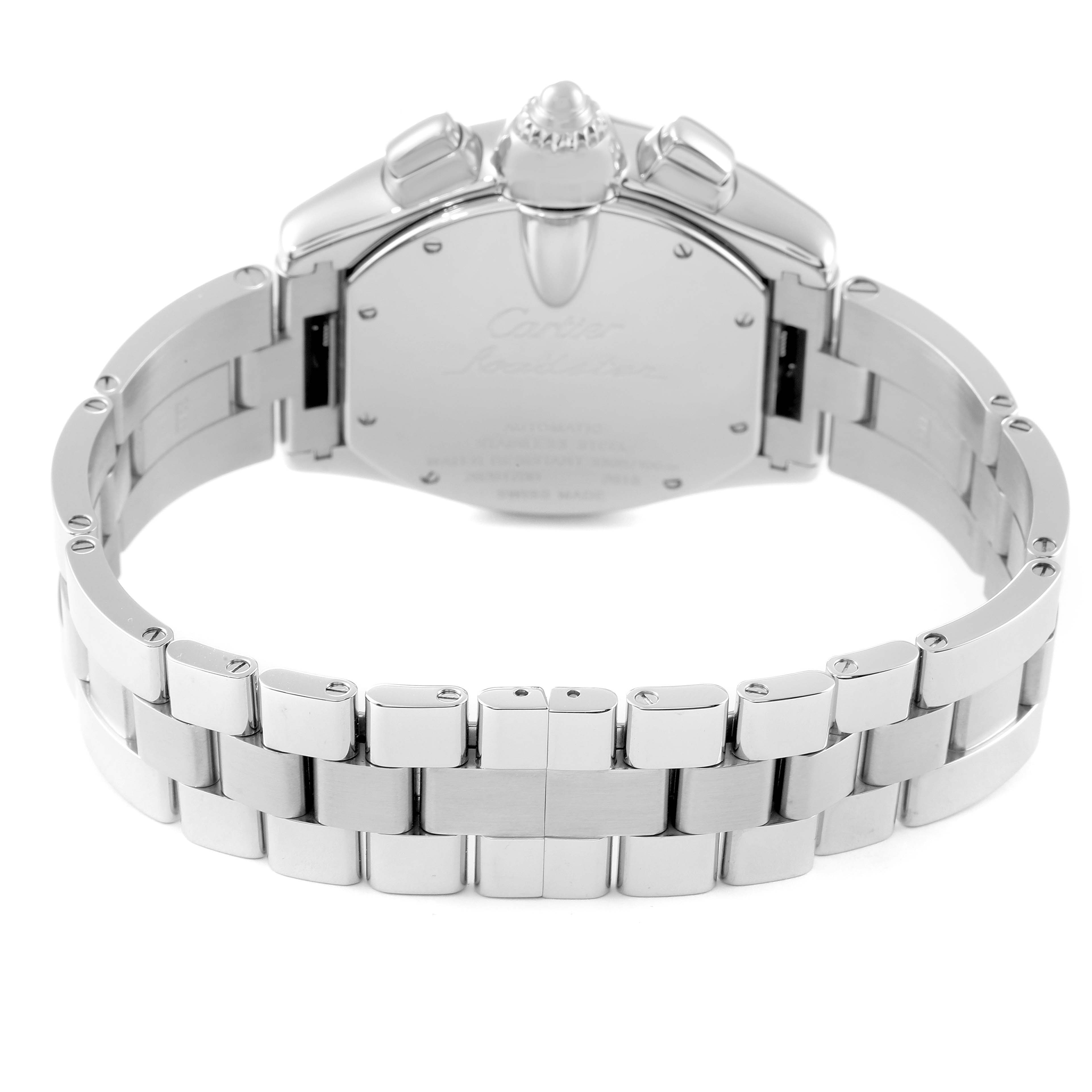 The image shows the back view of the Cartier Roadster W62019X6 Men's Stainless Steel Silver Dial W62019X6 Men's Stainless Steel Silver Dial watch, displaying its clasp and links in a polished metal bracelet.
