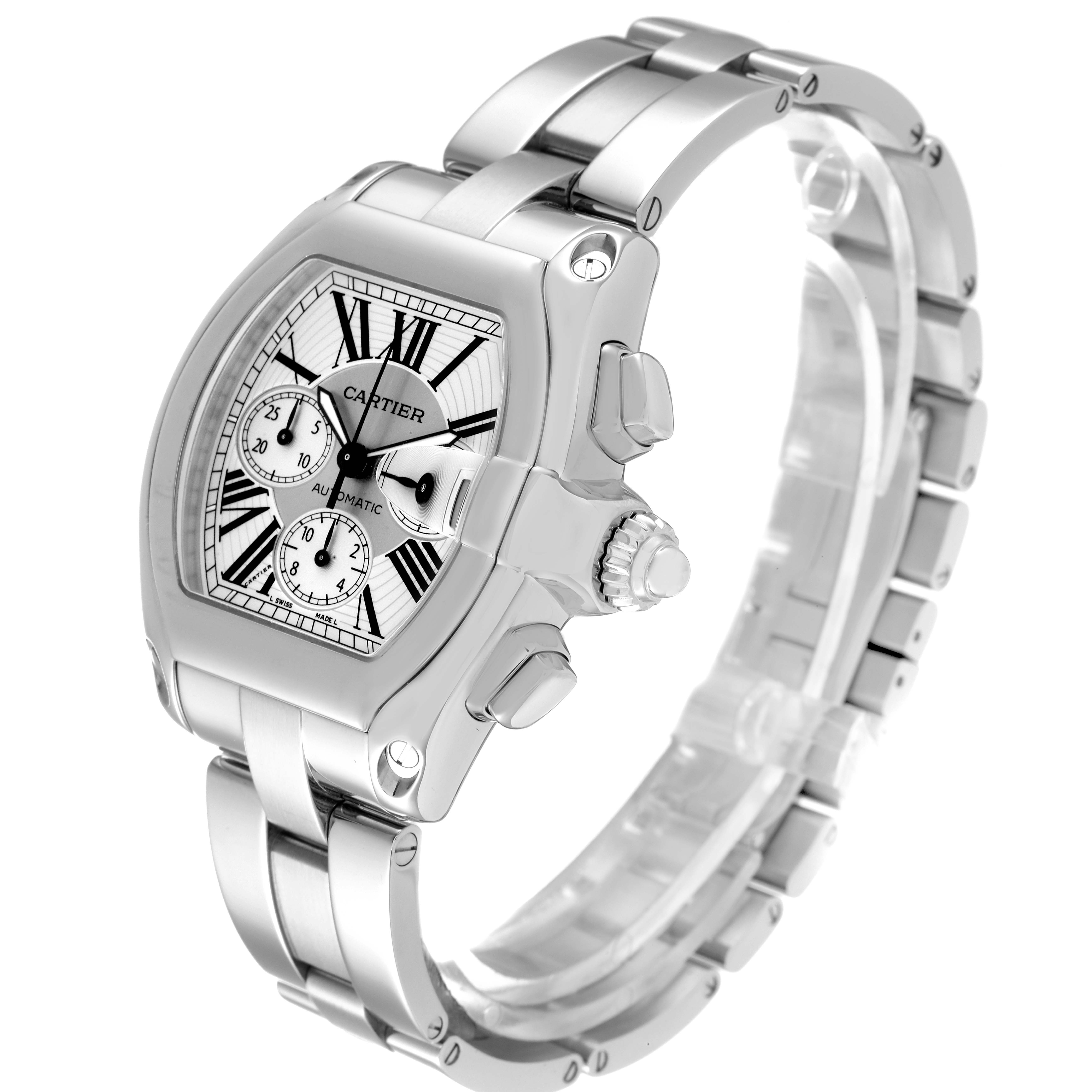 The Cartier Roadster W62019X6 Men's Stainless Steel Silver Dial W62019X6 Men's Stainless Steel Silver Dial watch is shown at a three-quarter angle, showcasing the dial, crown, and bracelet.