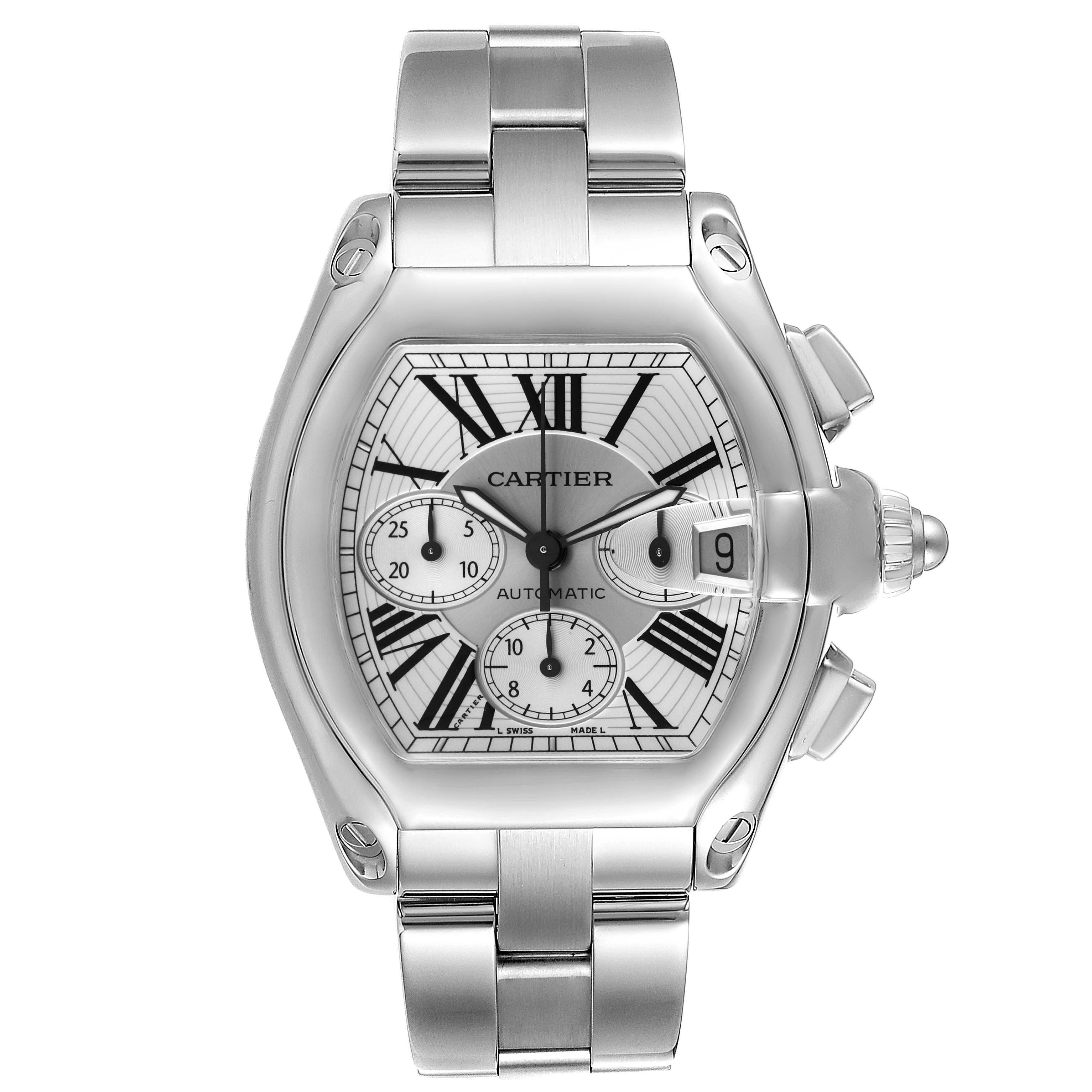 The image shows a front view of the Cartier Roadster W62019X6 Men's Stainless Steel Silver Dial W62019X6 Men's Stainless Steel Silver Dial watch, highlighting its face, chronograph dials, and metal bracelet.