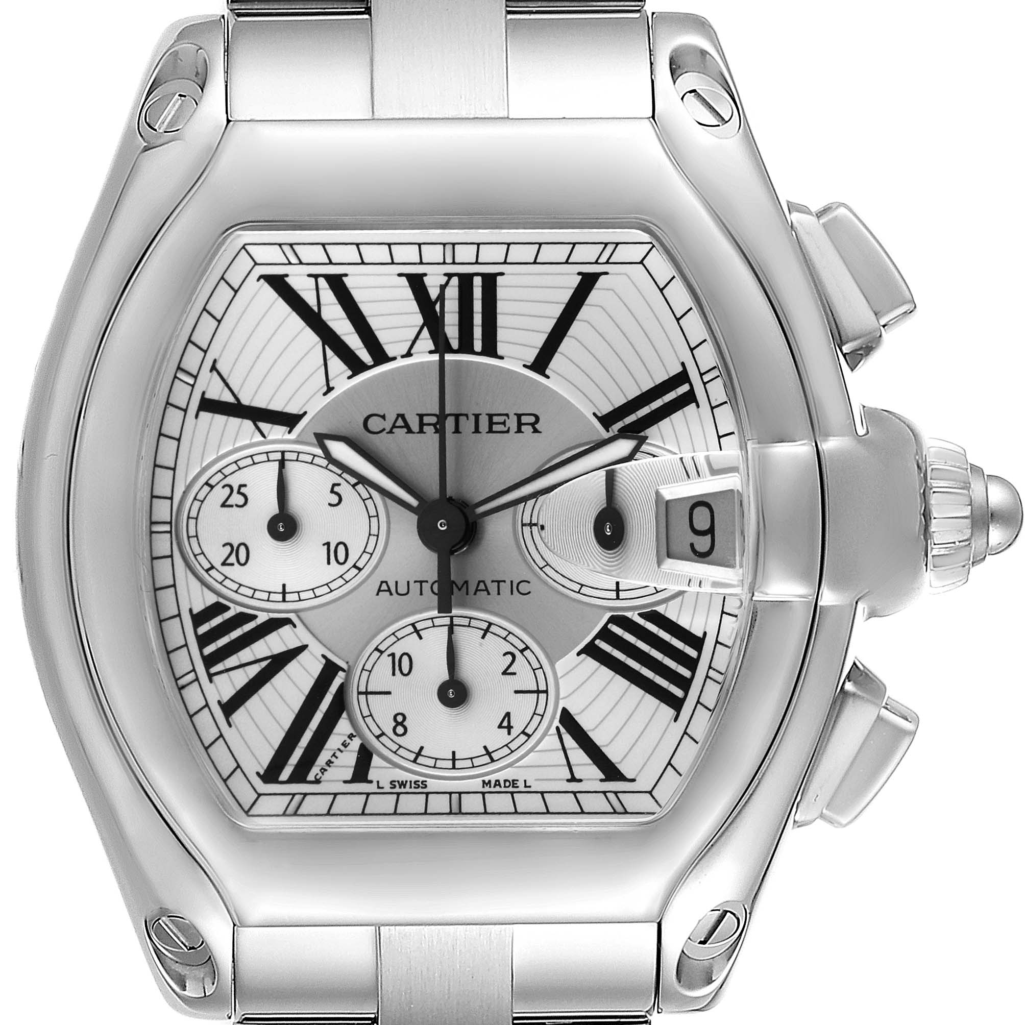 The Cartier Roadster W62019X6 Men's Stainless Steel Silver Dial W62019X6 Men's Stainless Steel Silver Dial watch is shown from a front angle, displaying the face, bezel, and part of the bracelet.