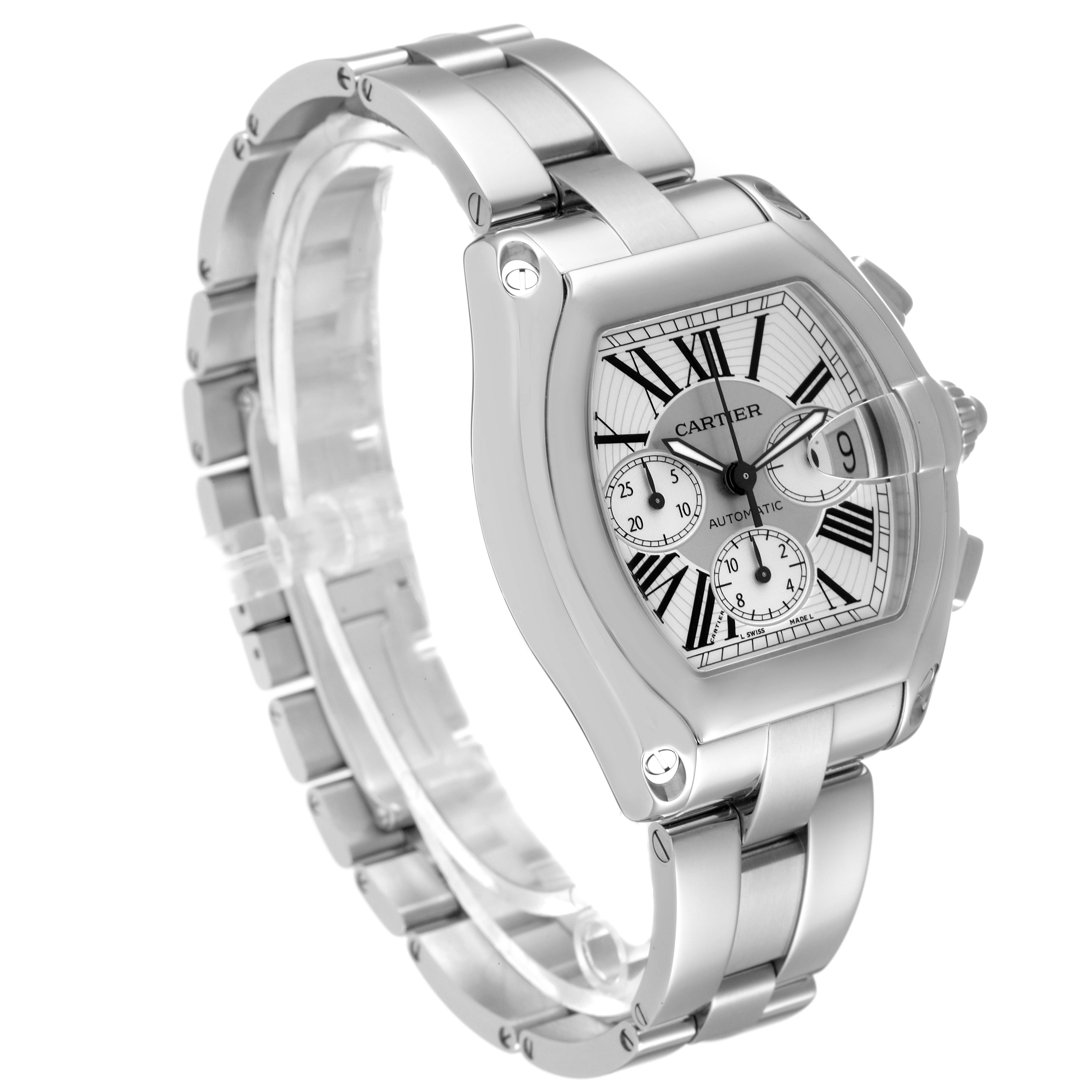 The Cartier Roadster W62019X6 Men's Stainless Steel Silver Dial W62019X6 Men's Stainless Steel Silver Dial watch is shown in a three-quarter angle, highlighting the face, bracelet, and side pushers.