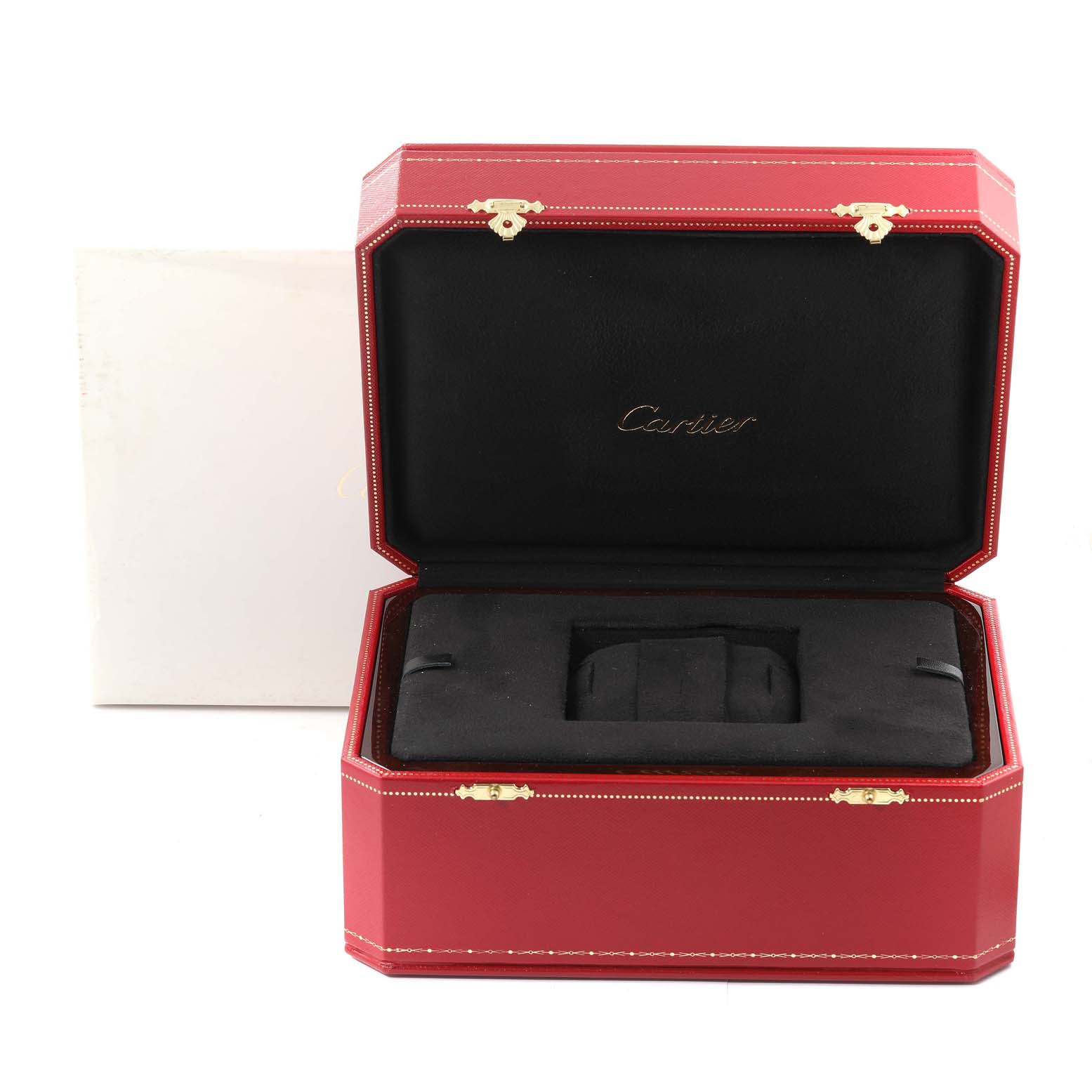 The image shows an opened Cartier Roadster W62019X6 Men's Stainless Steel Silver Dial W62019X6 Men's Stainless Steel Silver Dial watch box with a black interior and red exterior.