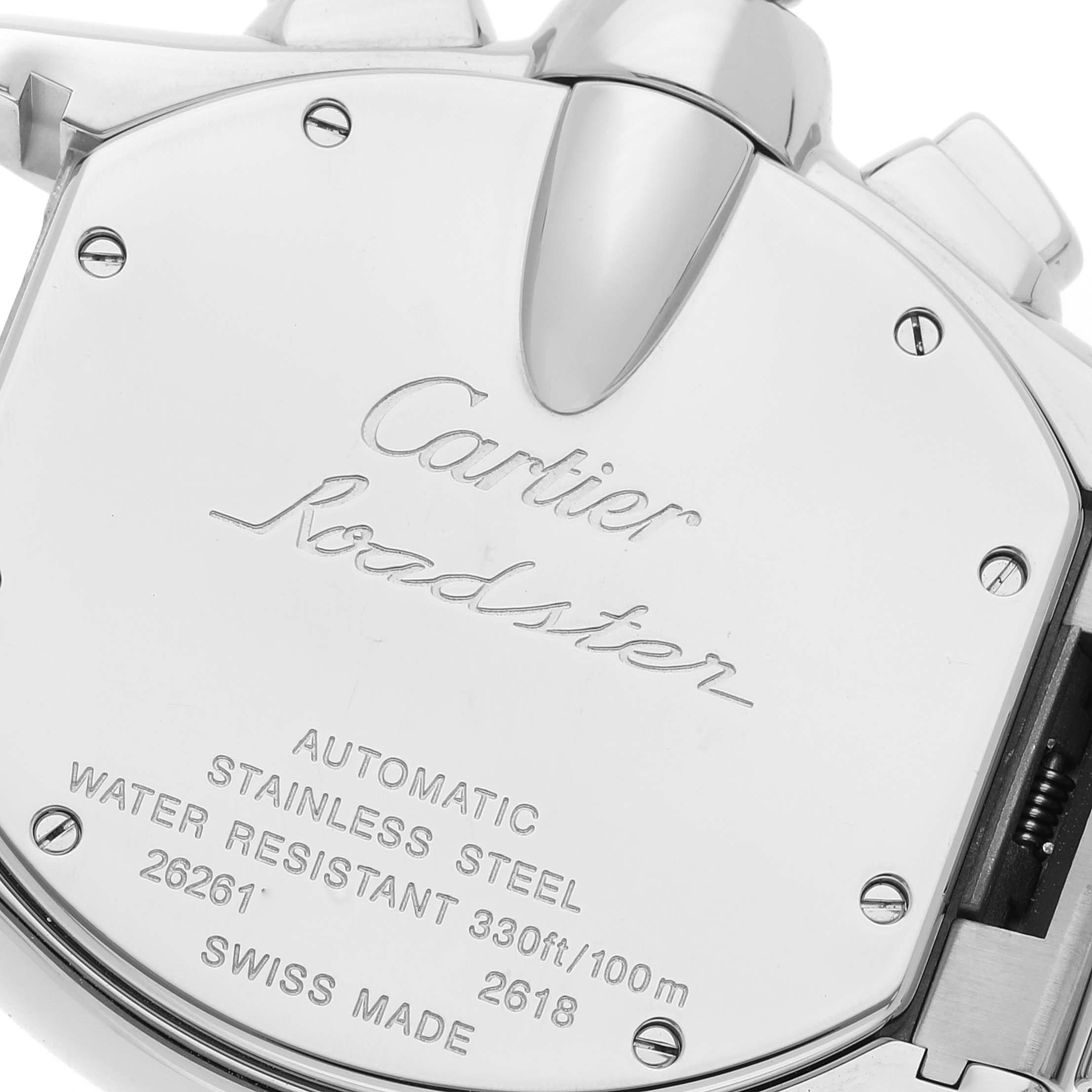 This is the back view of a Cartier Roadster W62019X6 Men's Stainless Steel Silver Dial W62019X6 Men's Stainless Steel Silver Dial watch, showing the model name, specifications, and screws.