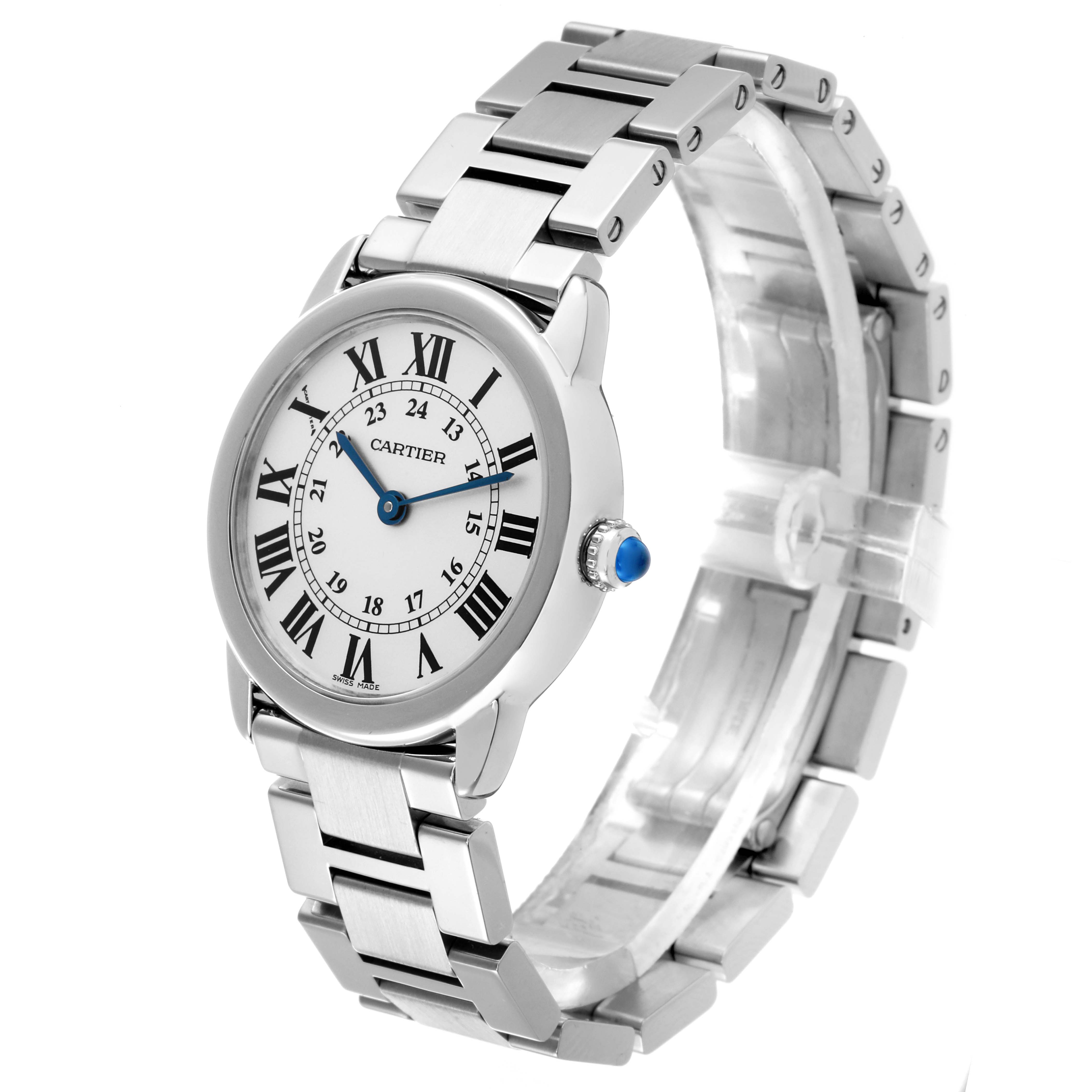 The Cartier Ronde W6701004 Women's Stainless Steel Silver Dial W6701004 Women's Stainless Steel Silver Dial watch is shown at a three-quarter angle, displaying the face, case, and bracelet prominently.