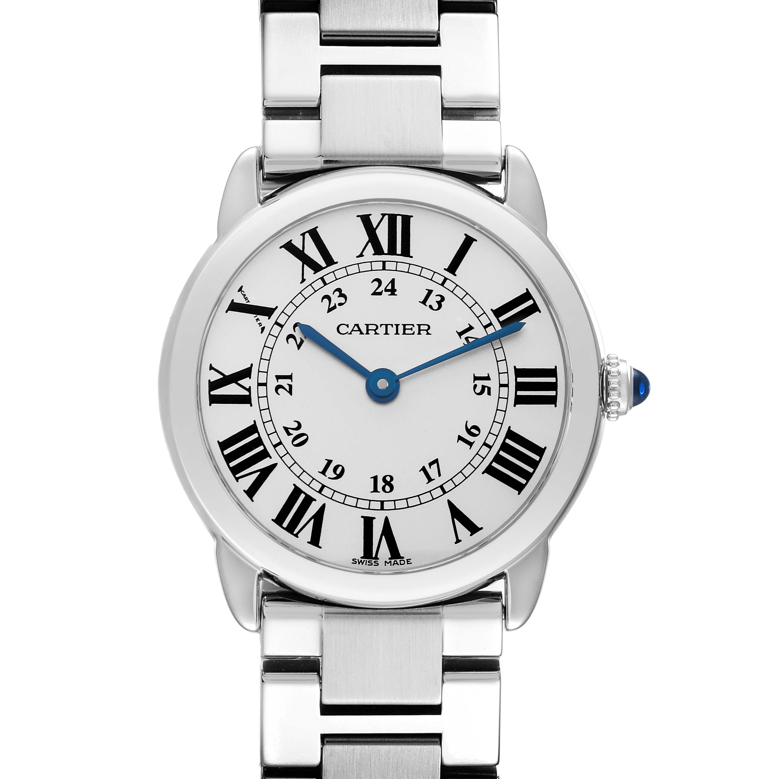 The Cartier Ronde W6701004 Women's Stainless Steel Silver Dial W6701004 Women's Stainless Steel Silver Dial watch is shown from a front angle, displaying its face, Roman numerals, and metal bracelet.