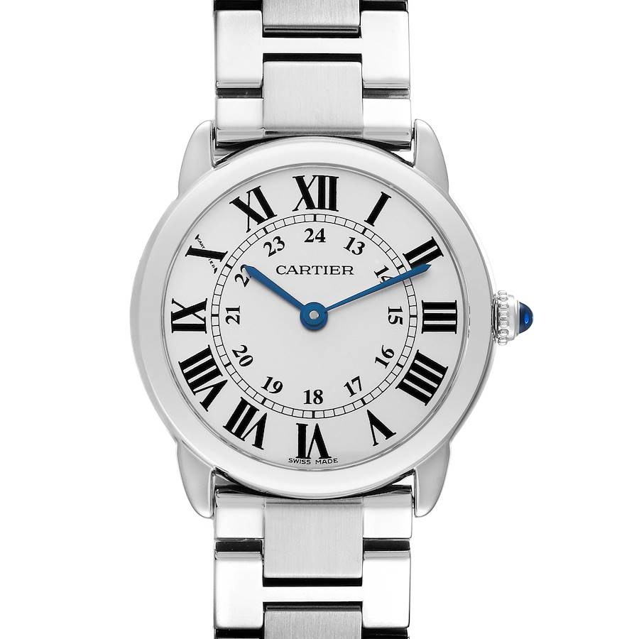 The Cartier Ronde watch is shown from a front angle, displaying its face, Roman numerals, and metal bracelet.