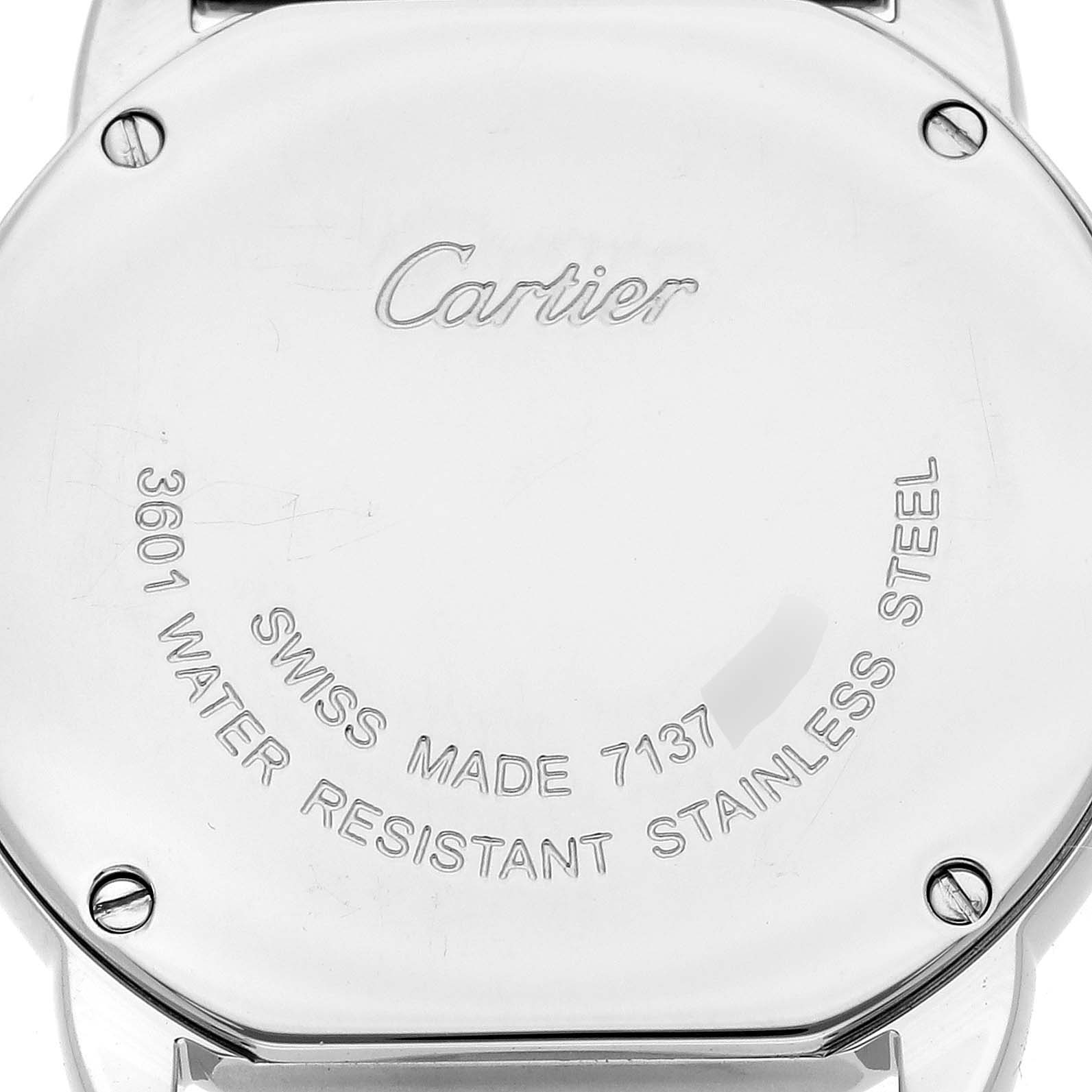 The image shows the back case of a Cartier Ronde W6701004 Women's Stainless Steel Silver Dial W6701004 Women's Stainless Steel Silver Dial watch, highlighting the brand engraving and serial details.