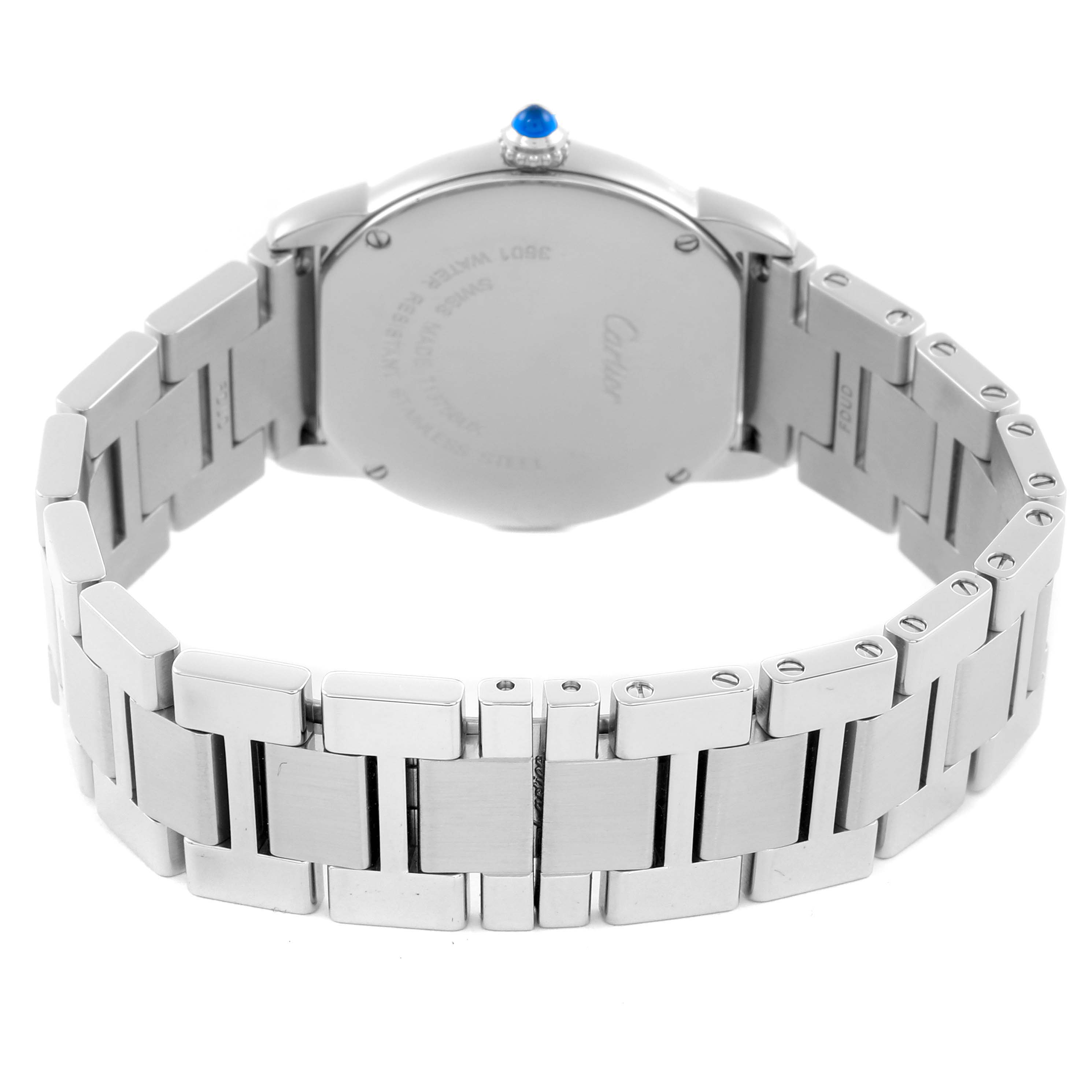 The Cartier Ronde W6701004 Women's Stainless Steel Silver Dial W6701004 Women's Stainless Steel Silver Dial watch is shown from the back, highlighting the stainless steel bracelet and case back.