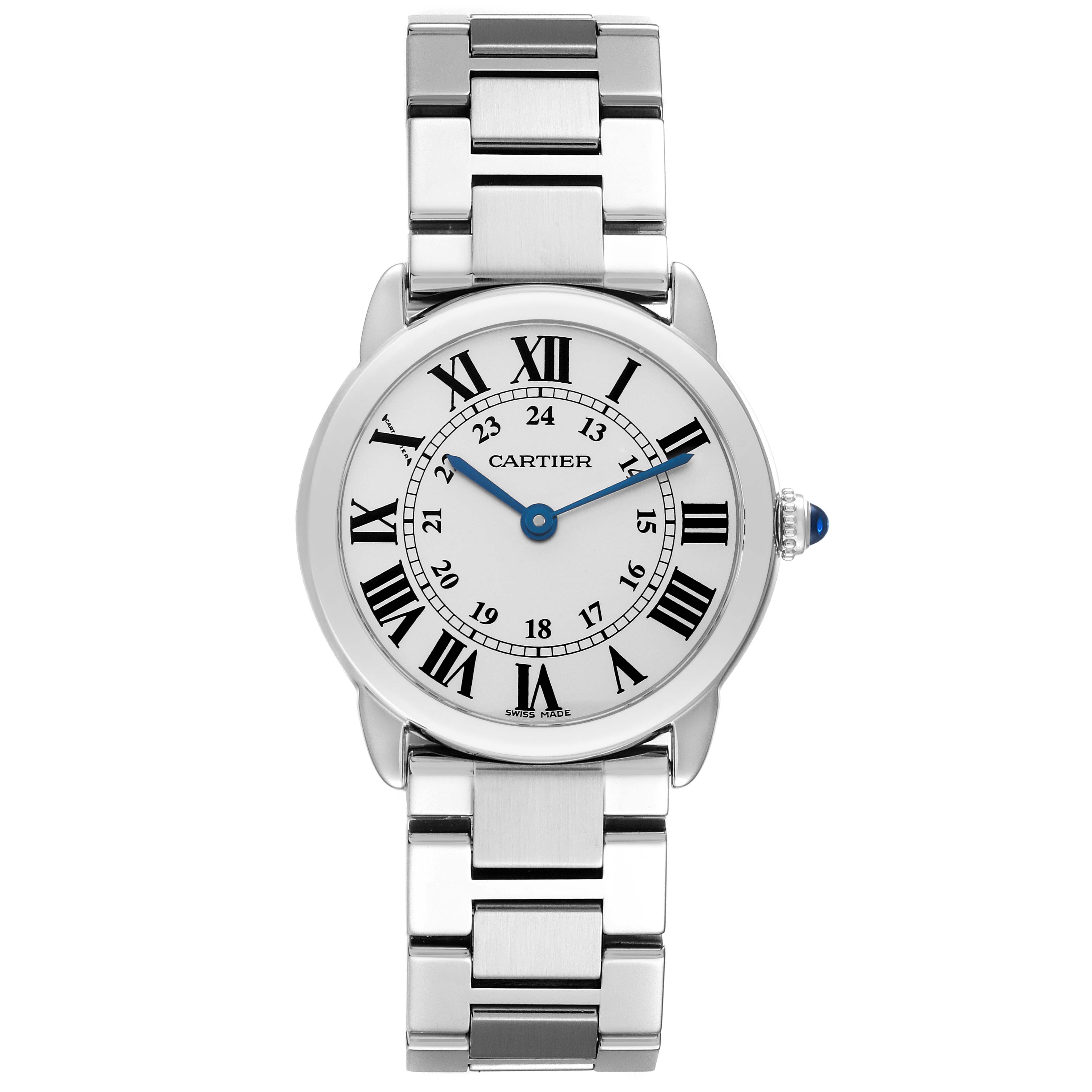 The Cartier Ronde W6701004 Women's Stainless Steel Silver Dial W6701004 Women's Stainless Steel Silver Dial watch is shown from the front, displaying the face, bezel, and stainless steel bracelet.