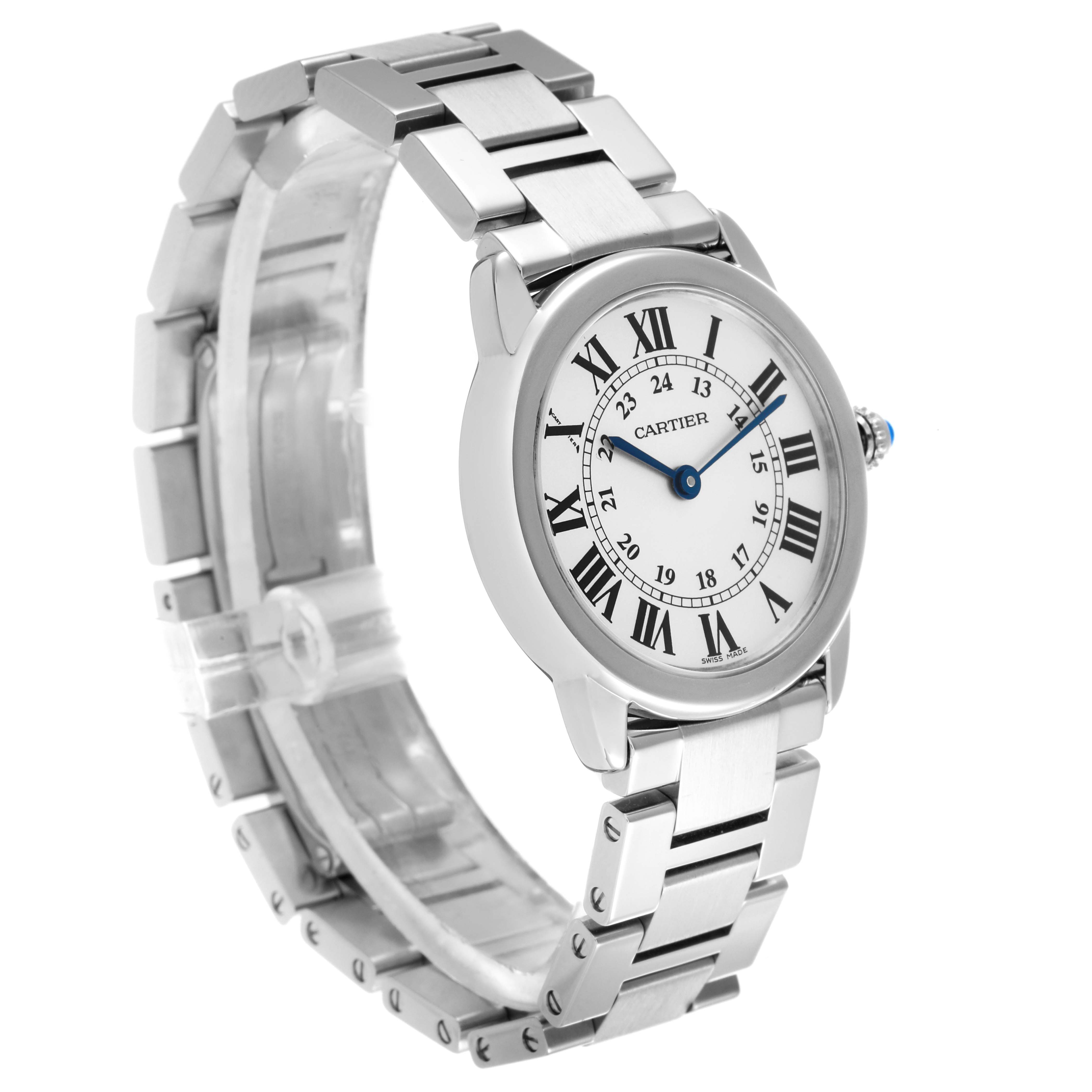 The Cartier Ronde W6701004 Women's Stainless Steel Silver Dial W6701004 Women's Stainless Steel Silver Dial watch is shown from a three-quarter angle, highlighting the face, bezel, and bracelet.